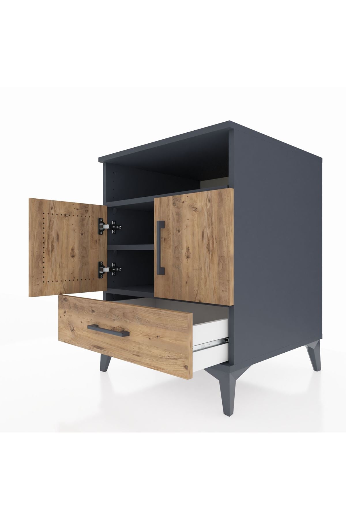 Kronos Komodin 3 Raflı Tek Çekmeceli 2 Kapaklı 60x59x80 Antrasit-Çam