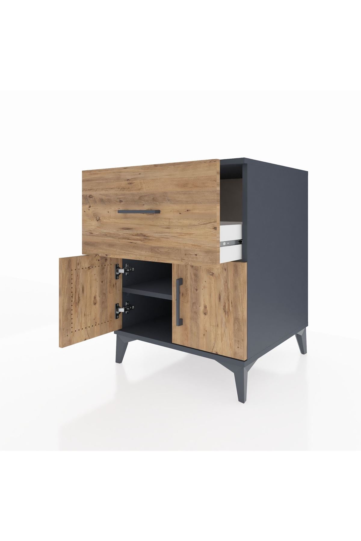 Kronos Komodin Tek Raflı Tek Çekmeceli 2 Kapaklı 60x59x80 Antrasit-Çam