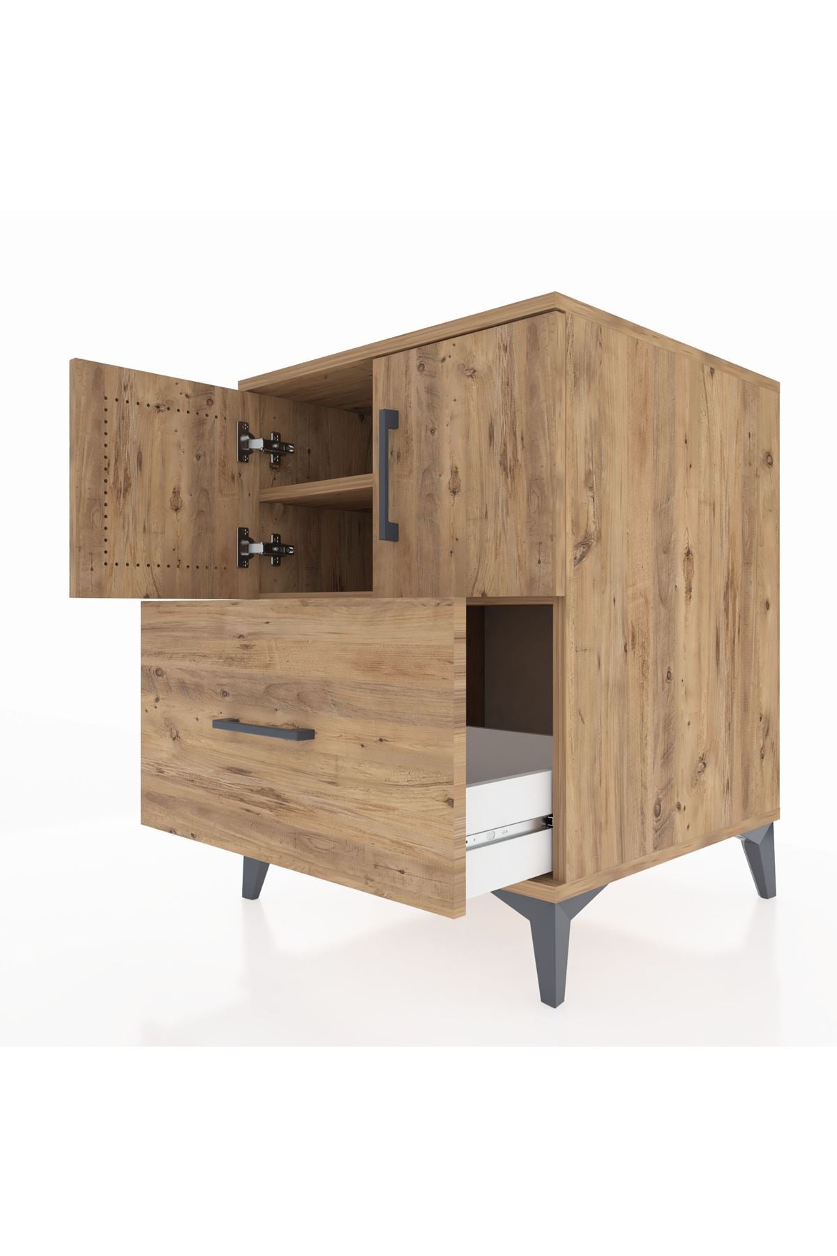 Kronos Komodin 2 Raflı Tek Çekmeceli 2 Kapaklı 60x59x80 Çam-Çam