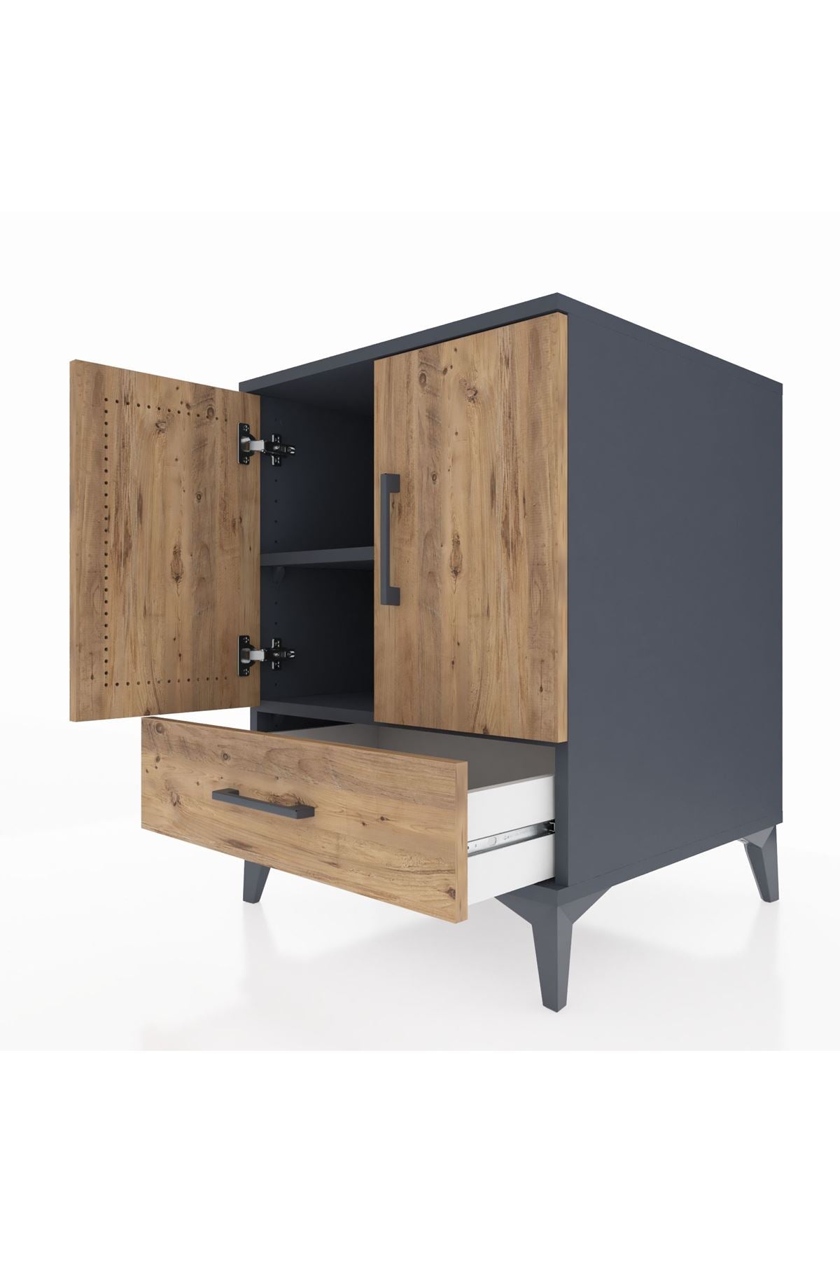 Kronos Komodin 2 Raflı Tek Çekmeceli 2 Kapaklı 60x59x80 Antrasit-Çam