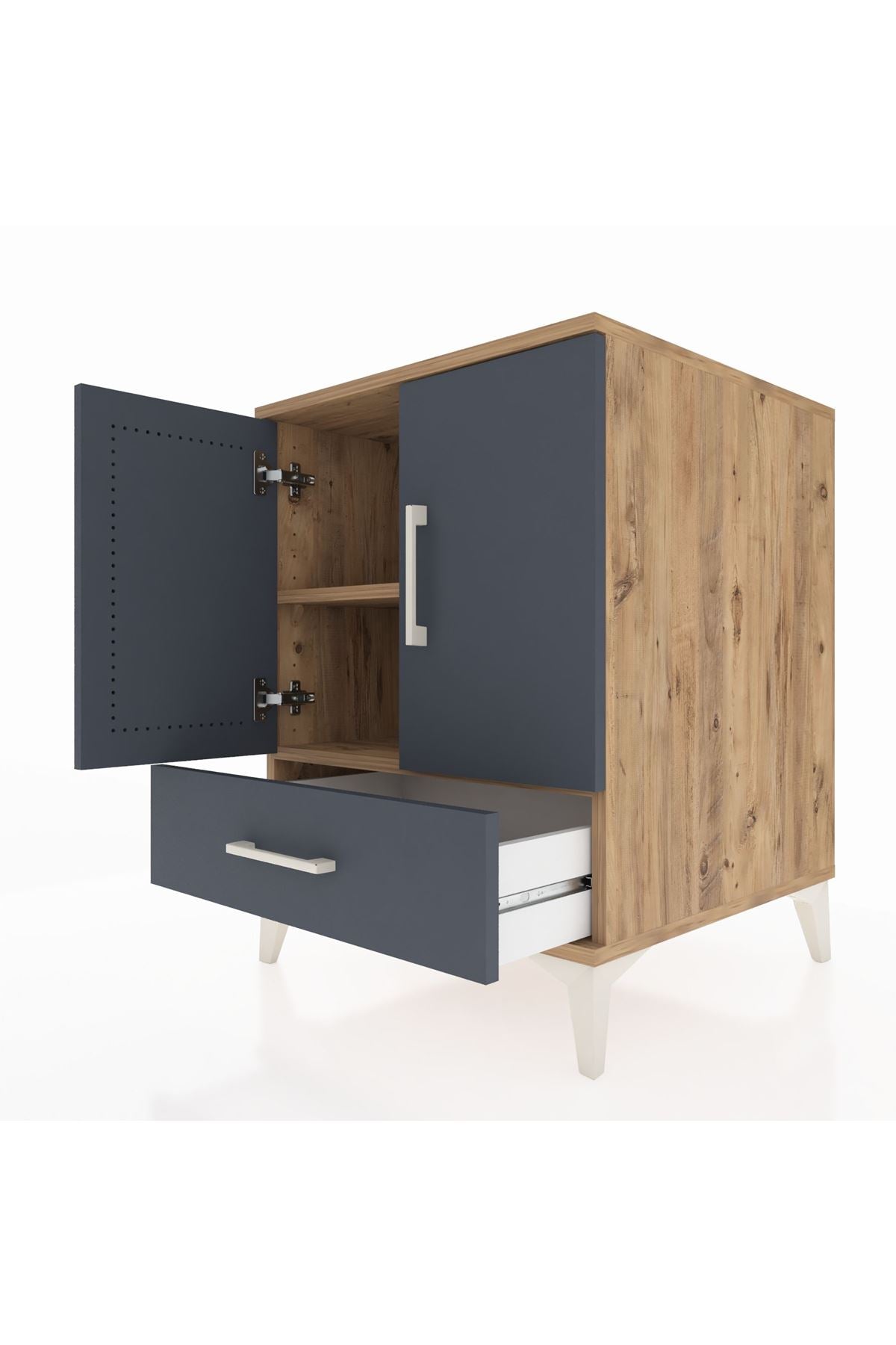 Kronos Komodin 2 Raflı Tek Çekmeceli 2 Kapaklı 60x59x80 Çam-Antrasit