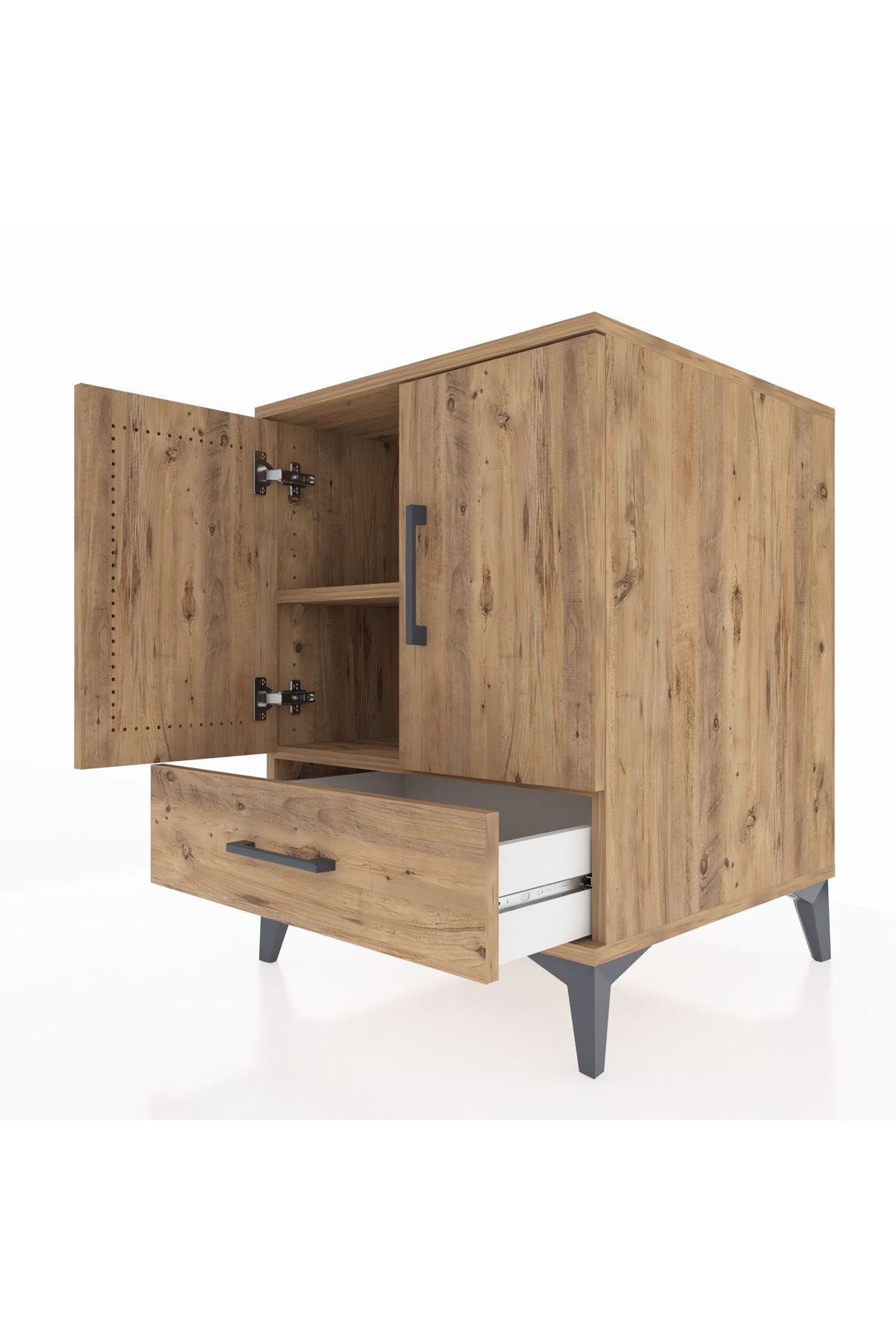 Kronos Komodin 2 Raflı Tek Çekmeceli 2 Kapaklı 60x59x80 Çam-Çam