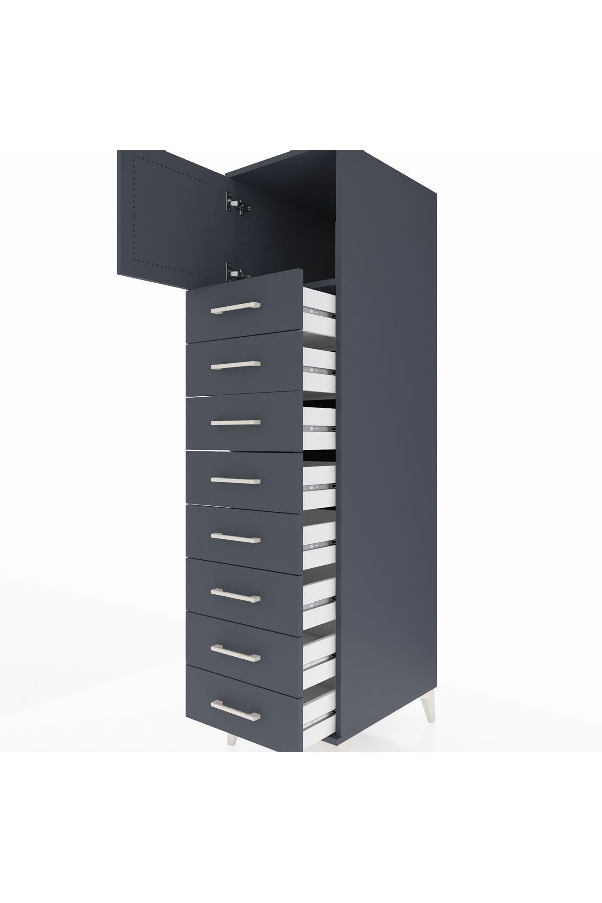 Kronos Dolap Tek Raflı 8 Çekmeceli Tek Kapaklı 44x59x182 Antrasit-Antrasit