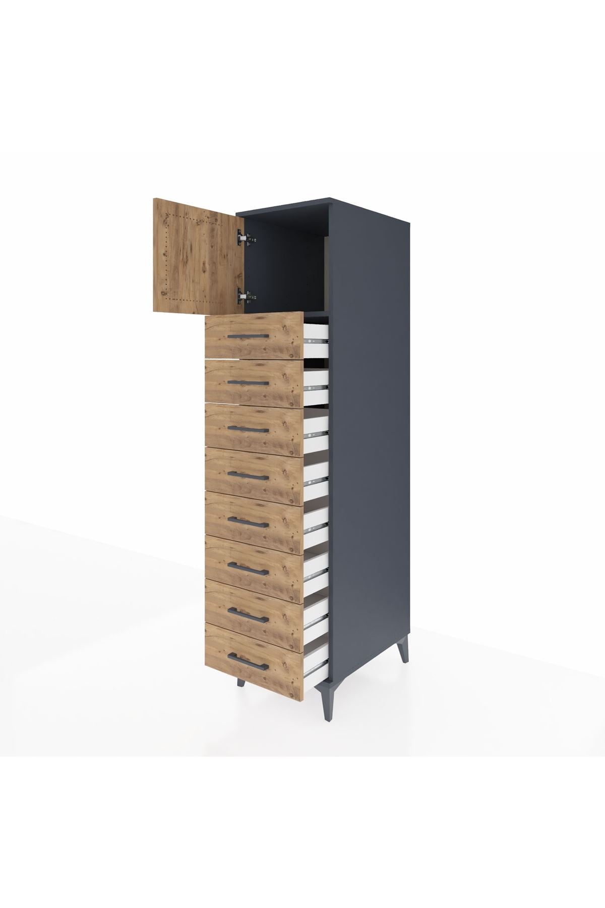 Kronos Dolap Tek Raflı 8 Çekmeceli Tek Kapaklı 44x59x182 Antrasit-Çam