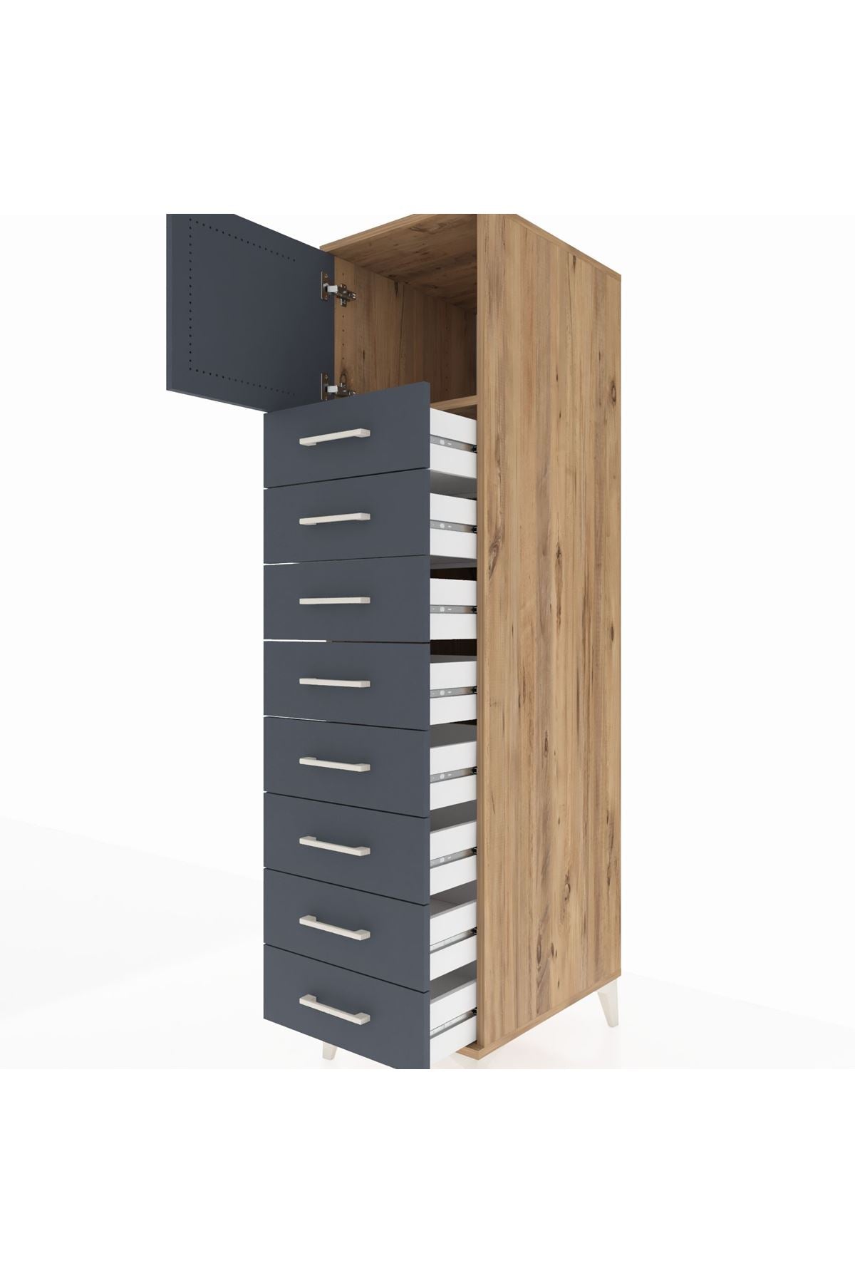 Kronos Dolap Tek Raflı 8 Çekmeceli Tek Kapaklı 44x59x182 Çam-Antrasit