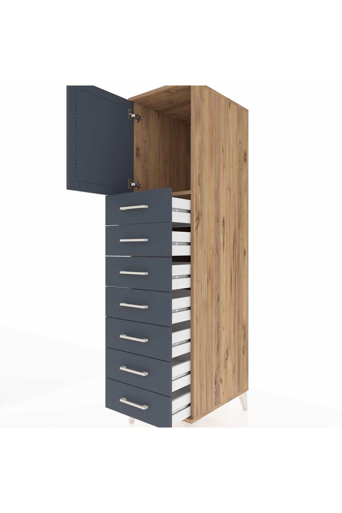 Kronos Dolap Tek Raflı 7 Çekmeceli Tek Kapaklı 44x59x182 Çam-Antrasit