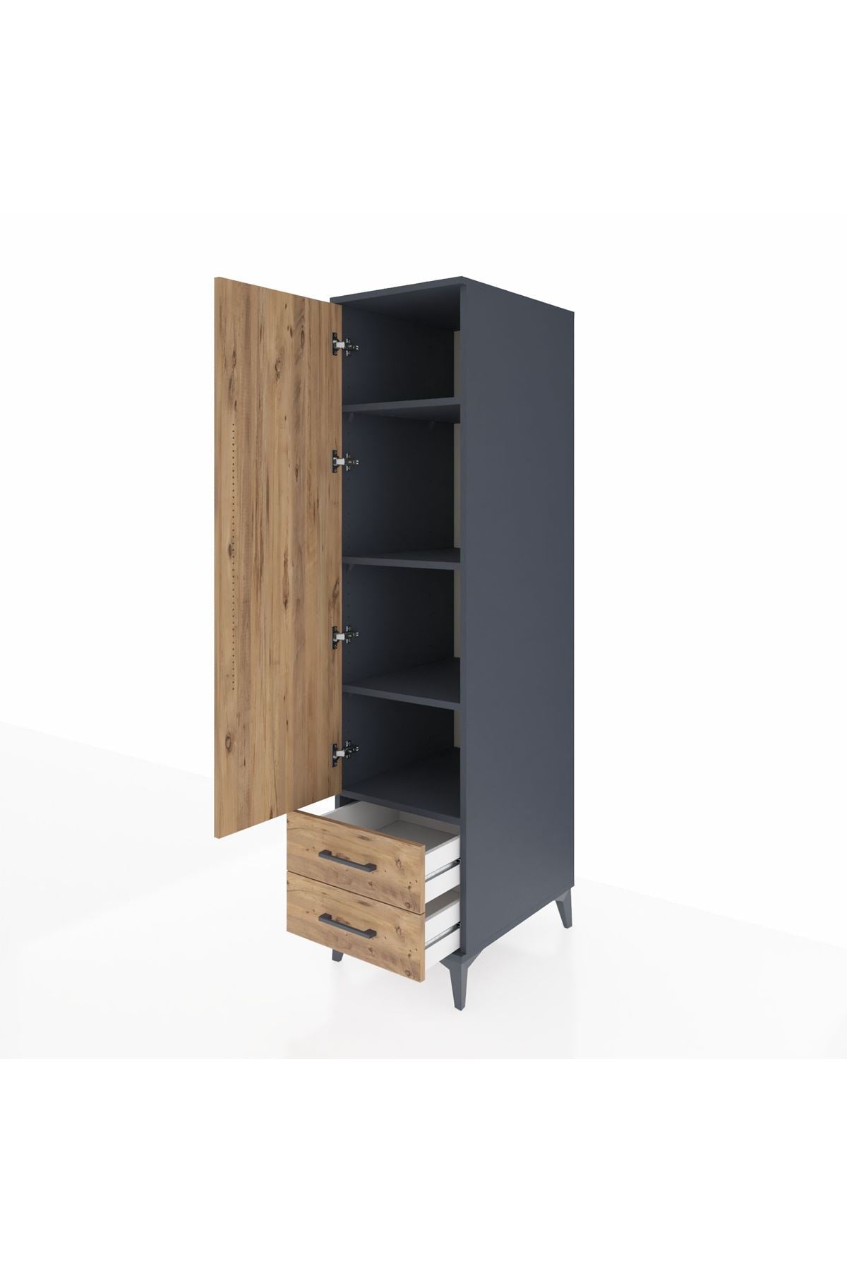 Kronos Dolap 4 Raflı 2 Çekmeceli Tek Kapaklı 44x59x182 Antrasit-Çam