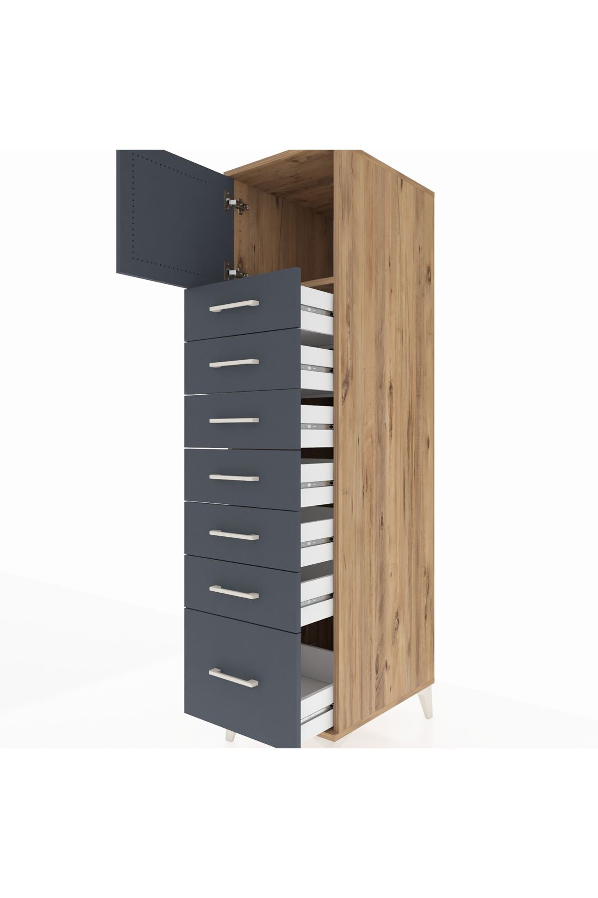 Kronos Dolap Tek Raflı 7 Çekmeceli Tek Kapaklı 44x59x182 Çam-Antrasit