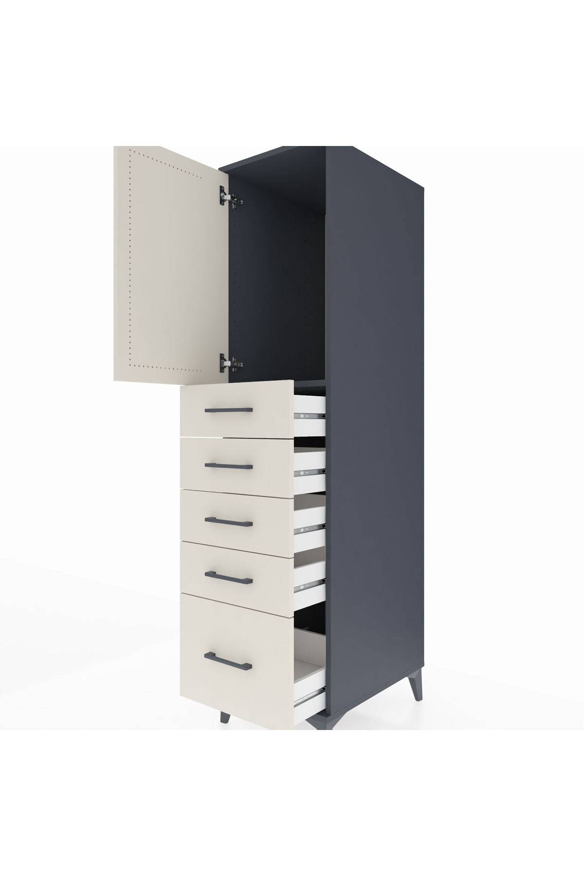 Kronos Dolap Tek Raflı 5 Çekmeceli Tek Kapaklı 44x59x182 Antrasit-Aytaşı