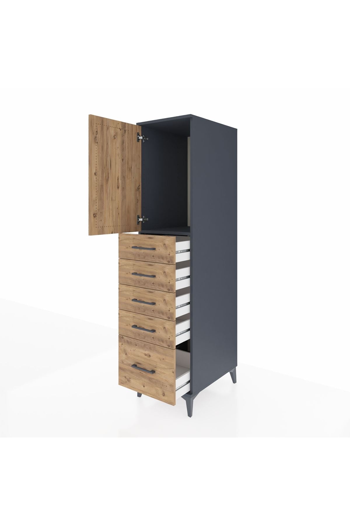 Kronos Dolap Tek Raflı 5 Çekmeceli Tek Kapaklı 44x59x182 Antrasit-Çam