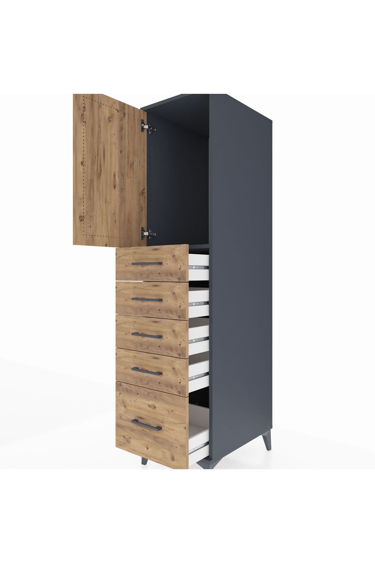 Kronos Dolap Tek Raflı 5 Çekmeceli Tek Kapaklı 44x59x182 Antrasit-Çam