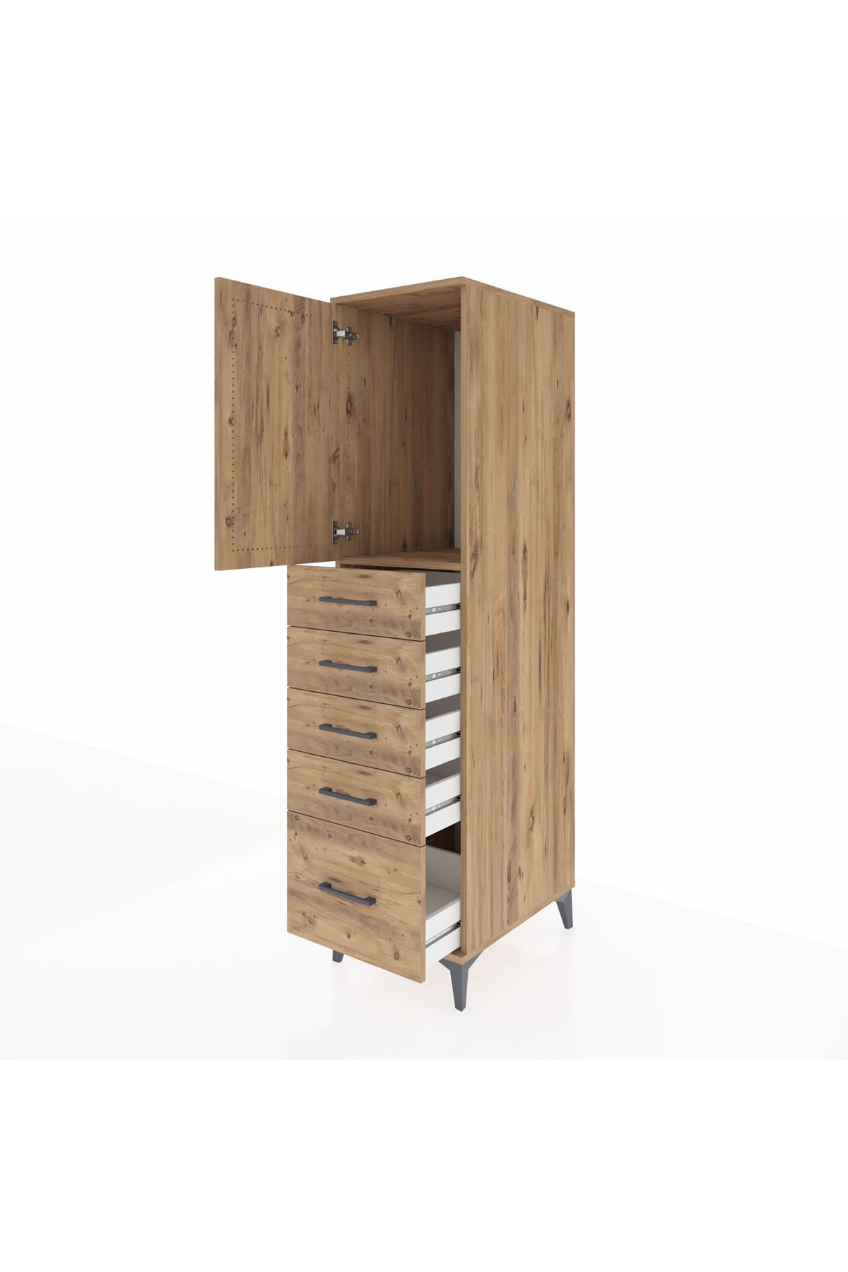 Kronos Dolap Tek Raflı 5 Çekmeceli Tek Kapaklı 44x59x182 Çam-Çam