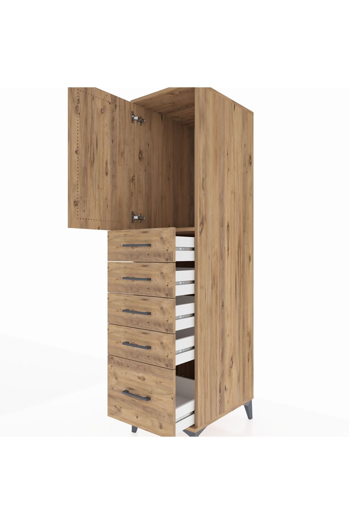 Kronos Dolap Tek Raflı 5 Çekmeceli Tek Kapaklı 44x59x182 Çam-Çam