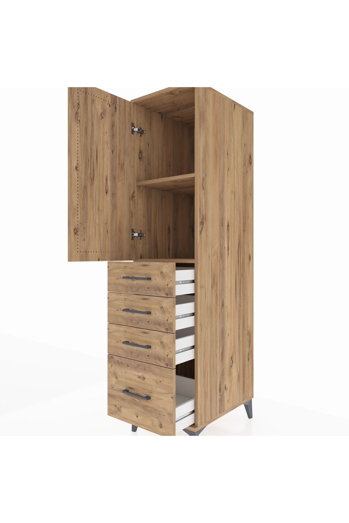 Kronos Dolap 2 Raflı 4 Çekmeceli Tek Kapaklı 44x59x182 Çam-Çam