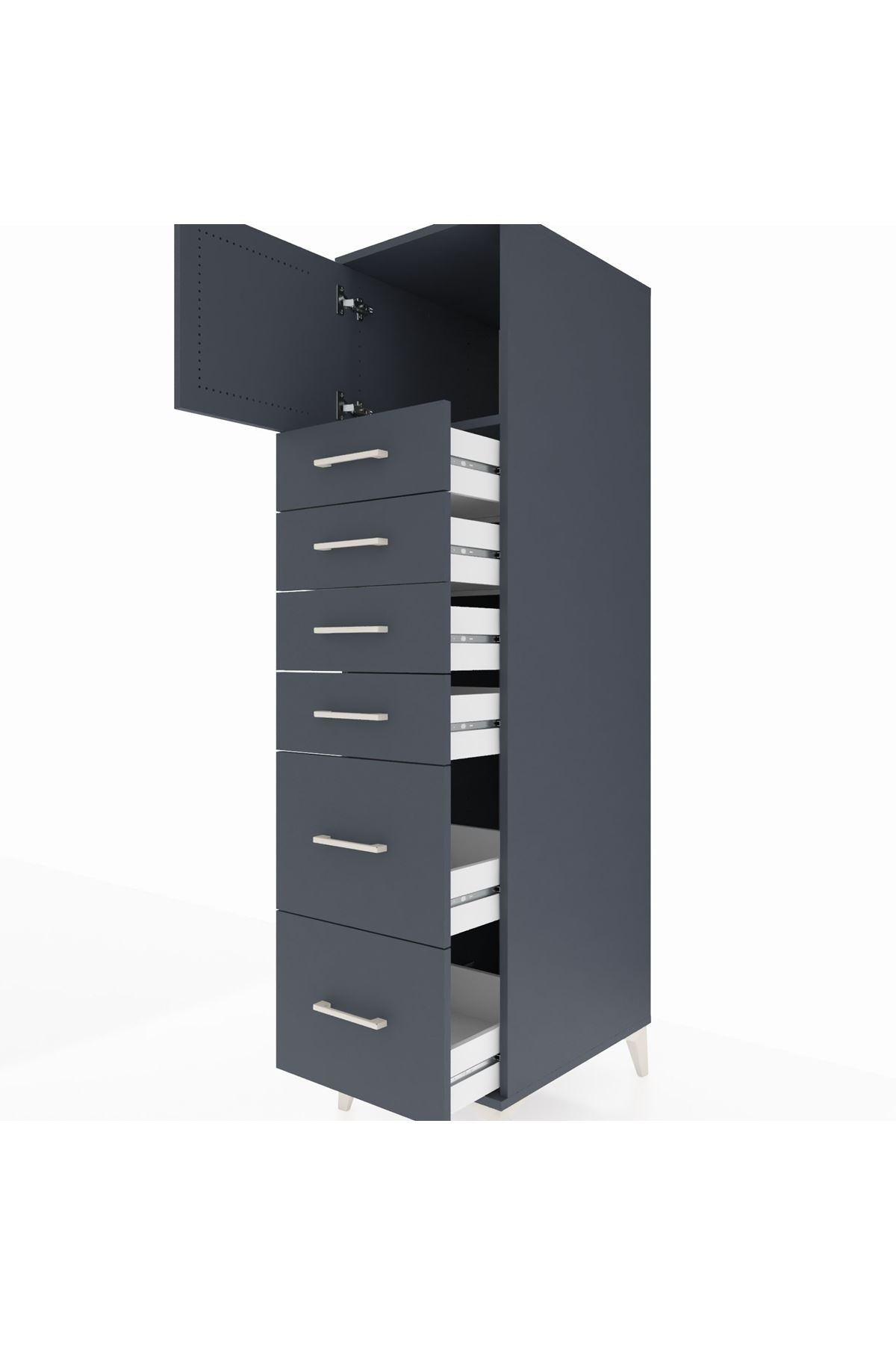 Kronos Dolap Tek Raflı 6 Çekmeceli Tek Kapaklı 44x59x182 Antrasit-Antrasit