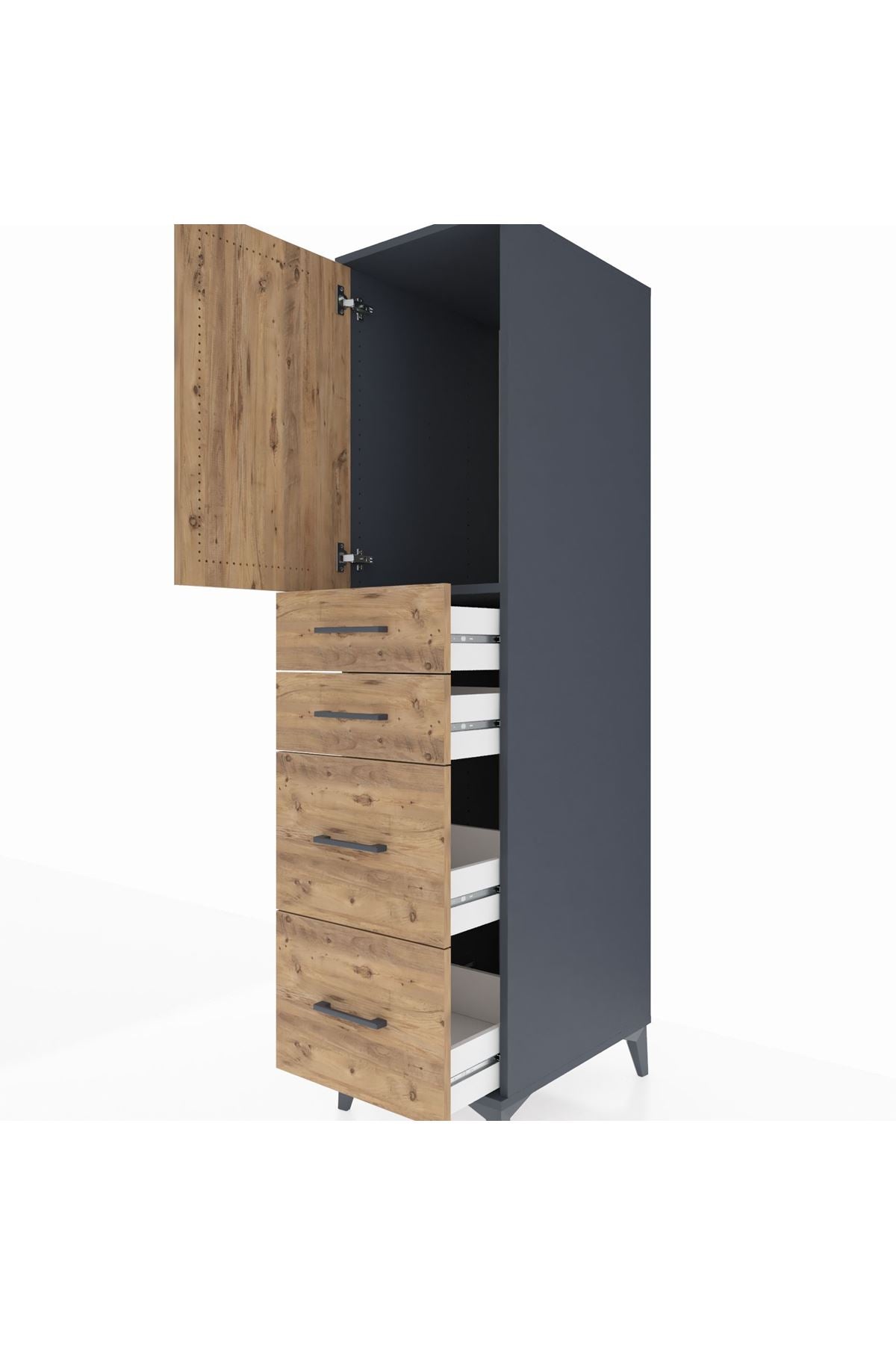 Kronos Dolap Tek Raflı 4 Çekmeceli Tek Kapaklı 44x59x182 Antrasit-Çam