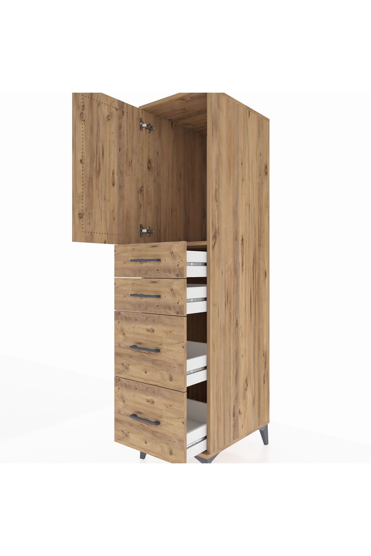 Kronos Dolap Tek Raflı 4 Çekmeceli Tek Kapaklı 44x59x182 Çam-Çam