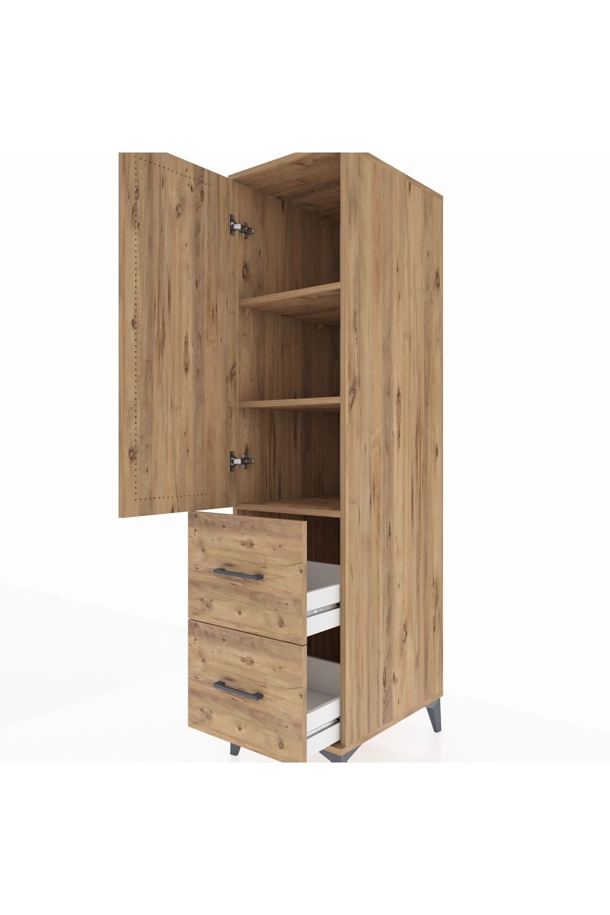 Kronos Dolap 3 Raflı 2 Çekmeceli Tek Kapaklı 44x59x182 Çam-Çam