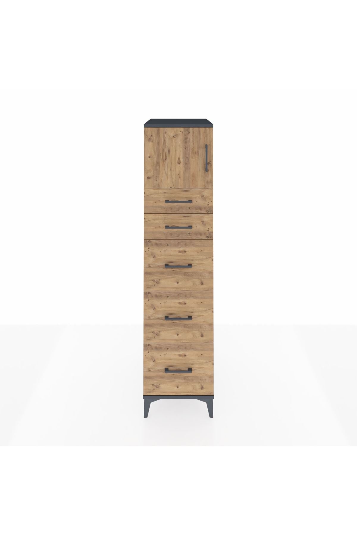 Kronos Dolap Tek Raflı 5 Çekmeceli Tek Kapaklı 44x59x182 Antrasit-Çam