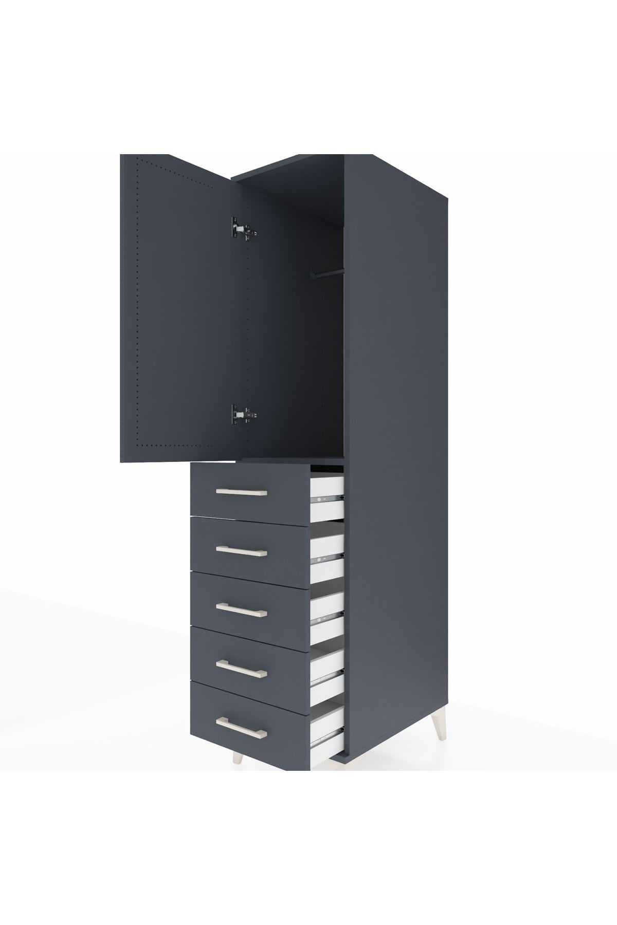 Kronos Dolap Tek Raflı 5 Çekmeceli Tek Askılı 44x59x182 Antrasit-Antrasit