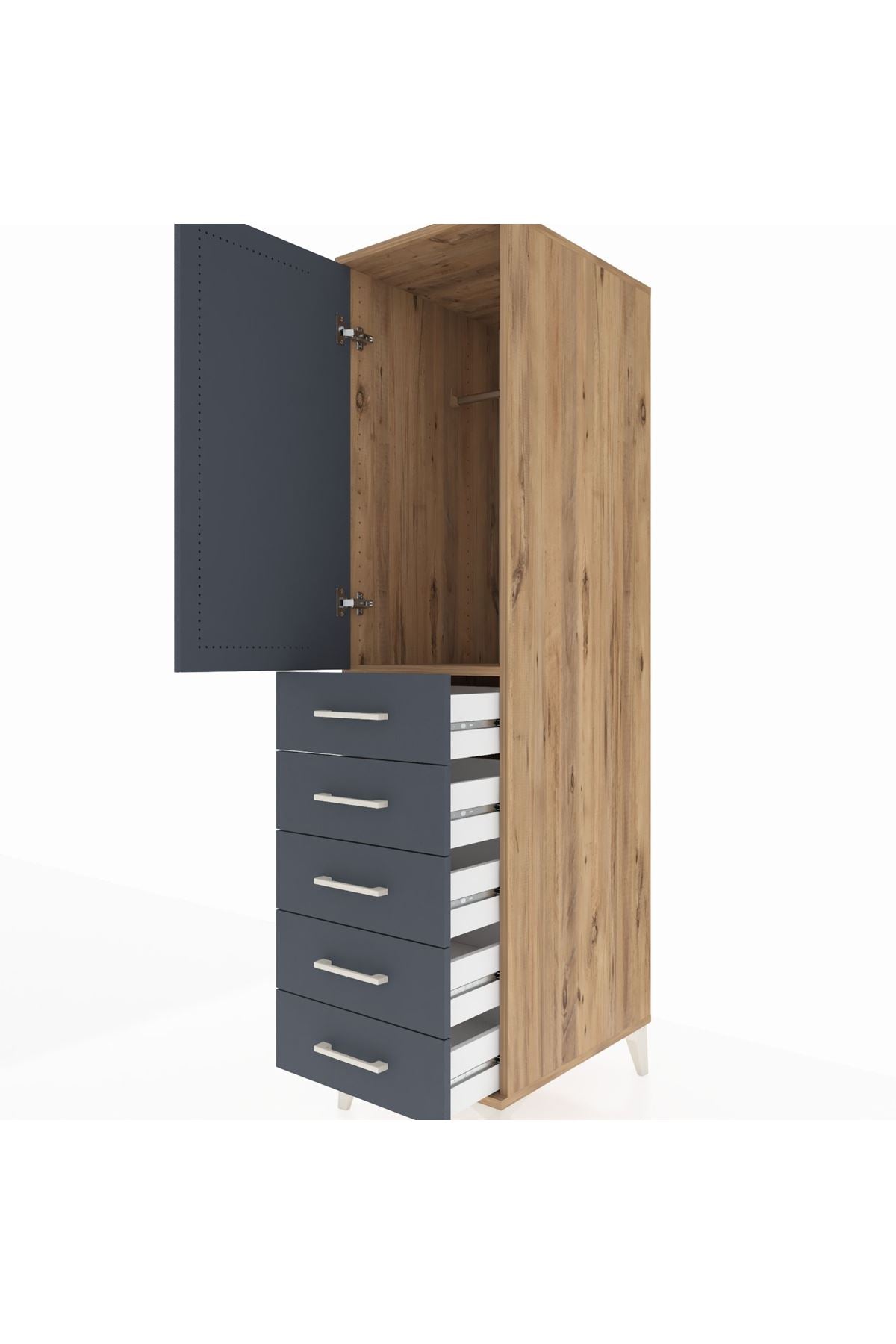 Kronos Dolap Tek Raflı 5 Çekmeceli Tek Askılı 44x59x182 Çam-Antrasit