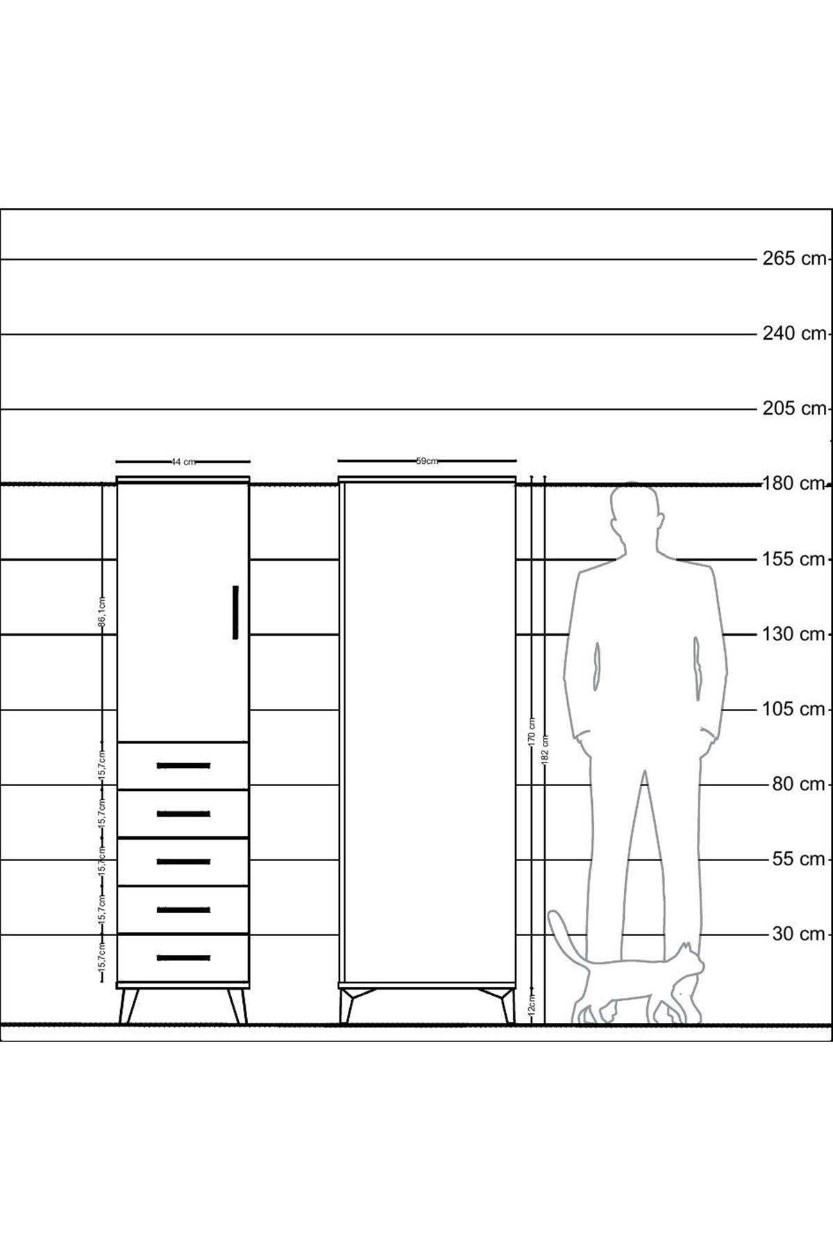 Kronos Dolap Tek Raflı 5 Çekmeceli Tek Askılı 44x59x182 Çam-Çam