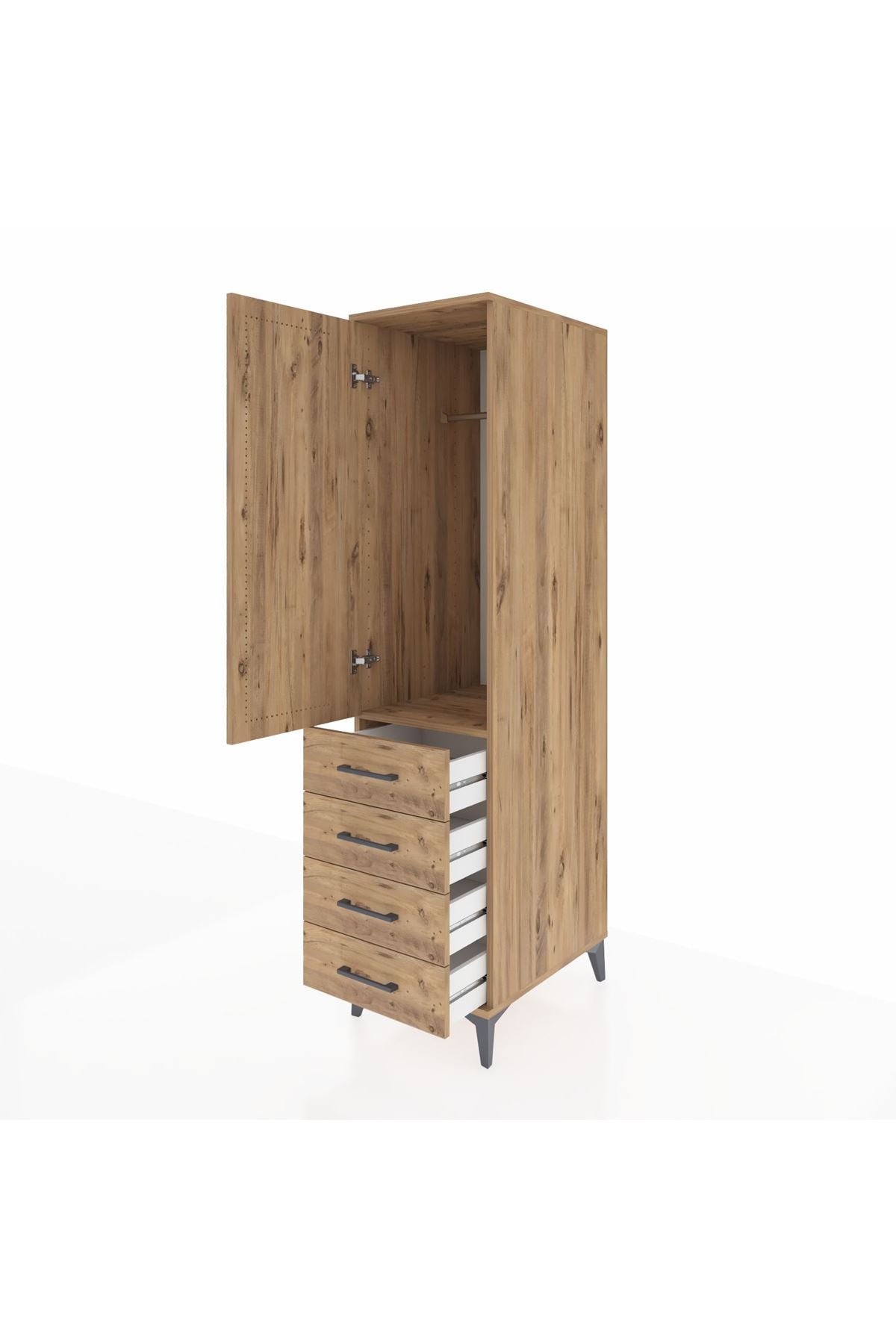 Kronos Dolap Tek Raflı 4 Çekmeceli Tek Askılı 44x59x182 Çam-Çam