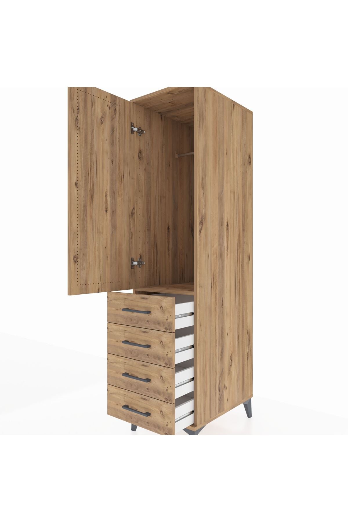 Kronos Dolap Tek Raflı 4 Çekmeceli Tek Askılı 44x59x182 Çam-Çam