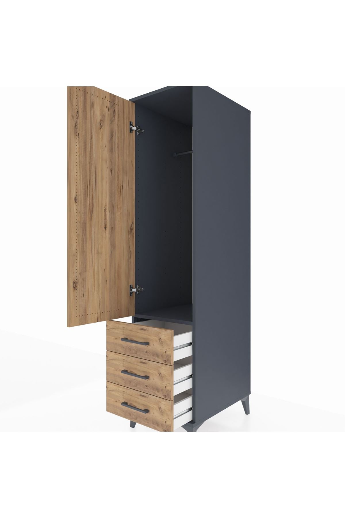 Kronos Dolap Tek Raflı 3 Çekmeceli Tek Askılı 44x59x182 Antrasit-Çam