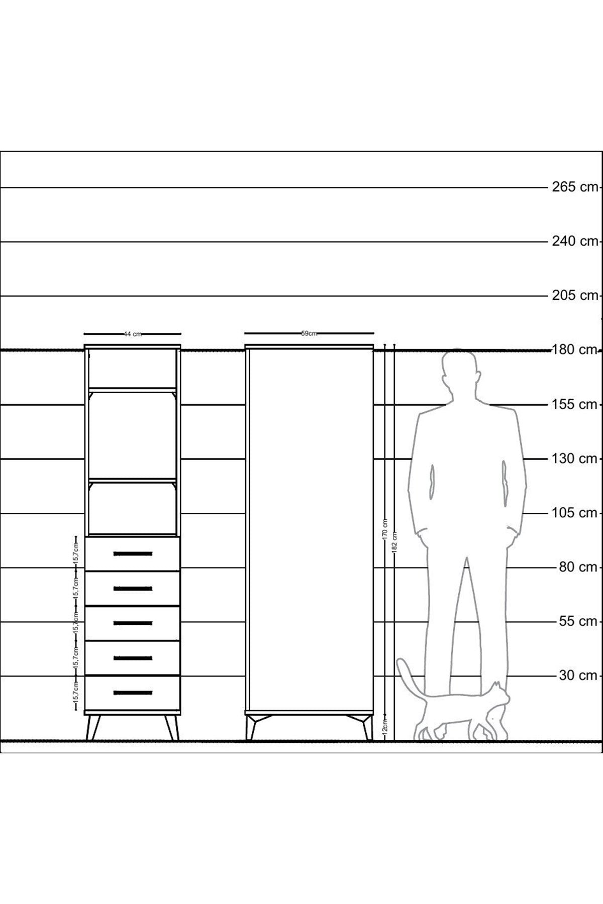 Kronos Dolap 3 Raflı 5 Çekmeceli 44x59x182 Antrasit-Çam