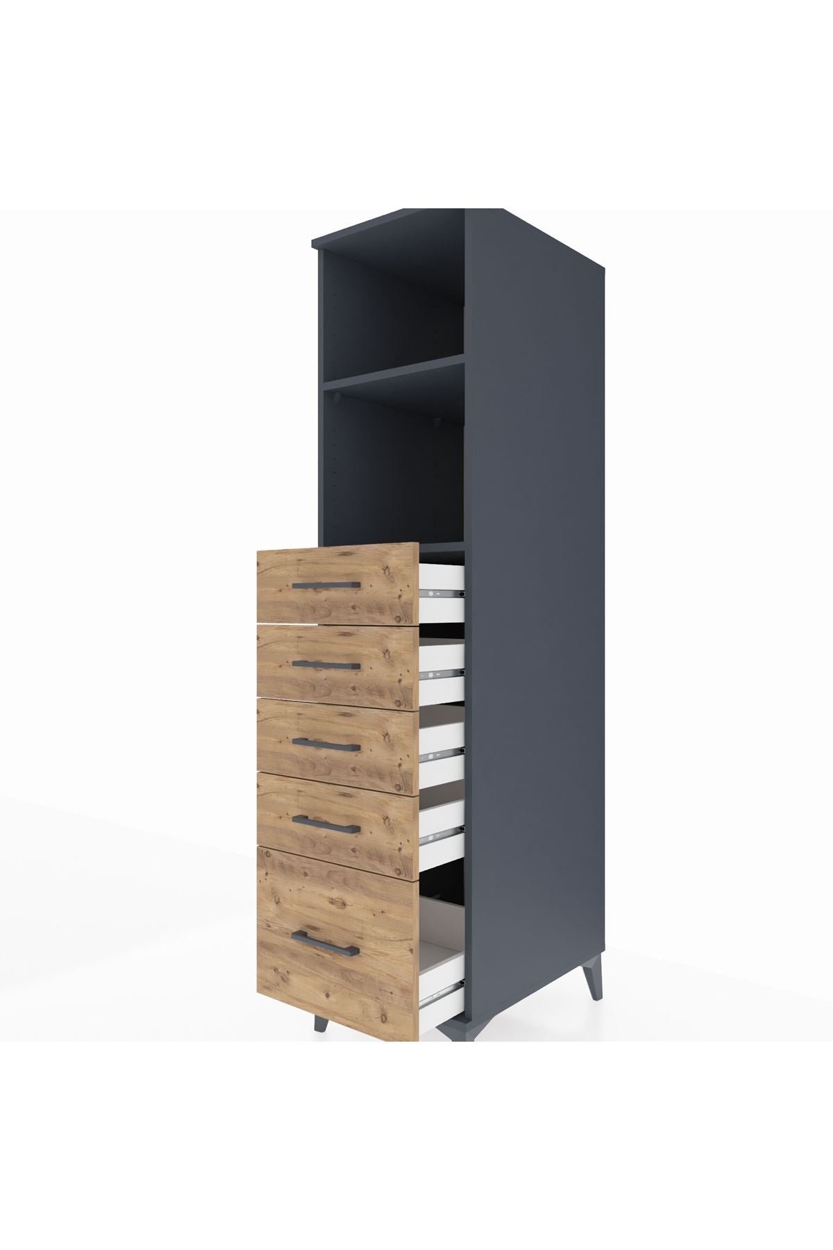 Kronos Dolap 2 Raflı 5 Çekmeceli 44x59x182 Antrasit-Çam