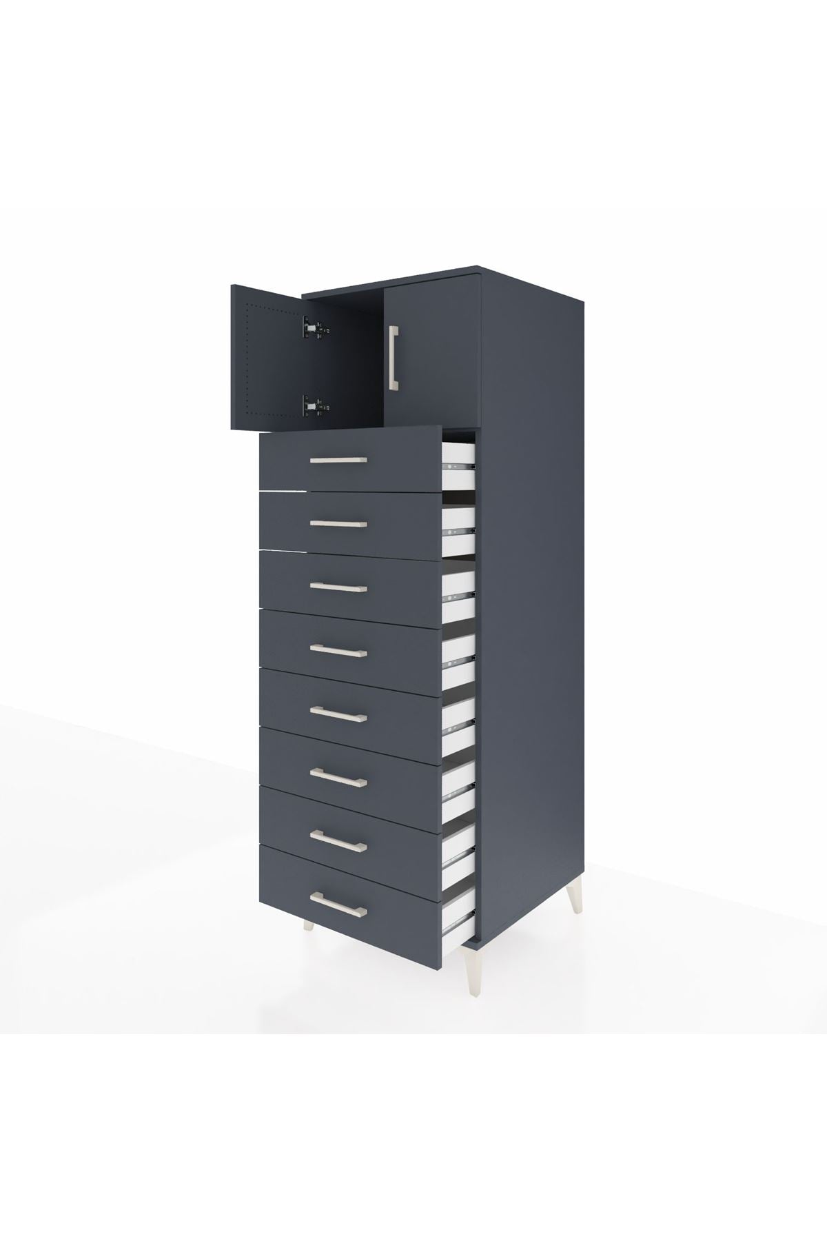 Kronos Dolap Tek Raflı 8 Çekmeceli 2 Kapaklı 60x59x182 Antrasit-Antrasit