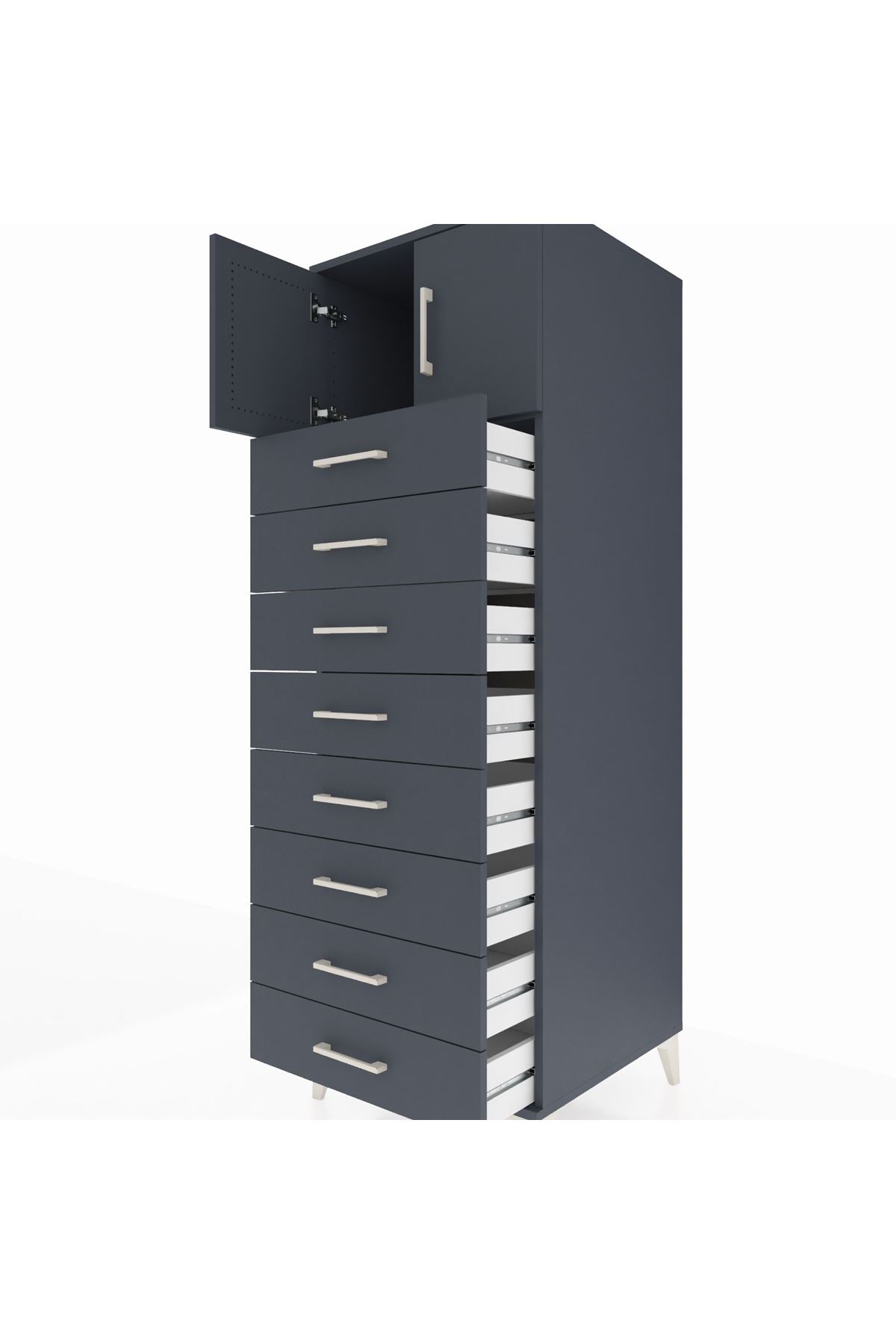 Kronos Dolap Tek Raflı 8 Çekmeceli 2 Kapaklı 60x59x182 Antrasit-Antrasit