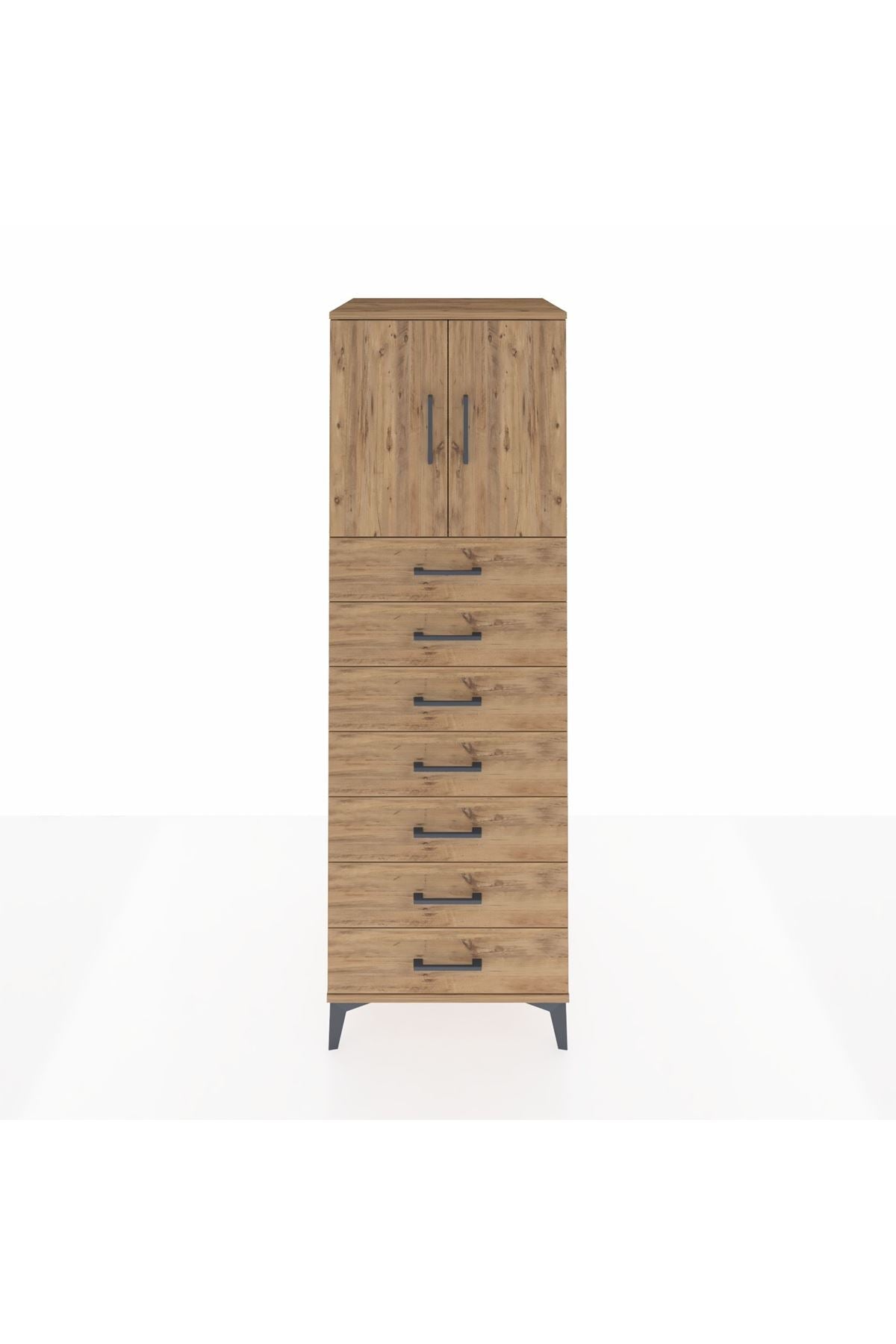 Kronos Dolap Tek Raflı 7 Çekmeceli 2 Kapaklı 60x59x182 Çam-Çam