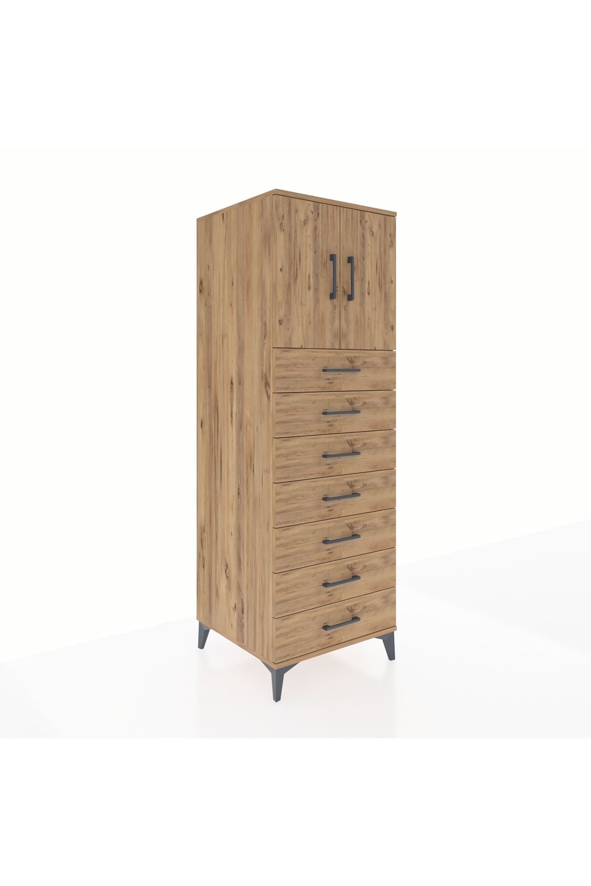 Kronos Dolap Tek Raflı 7 Çekmeceli 2 Kapaklı 60x59x182 Çam-Çam