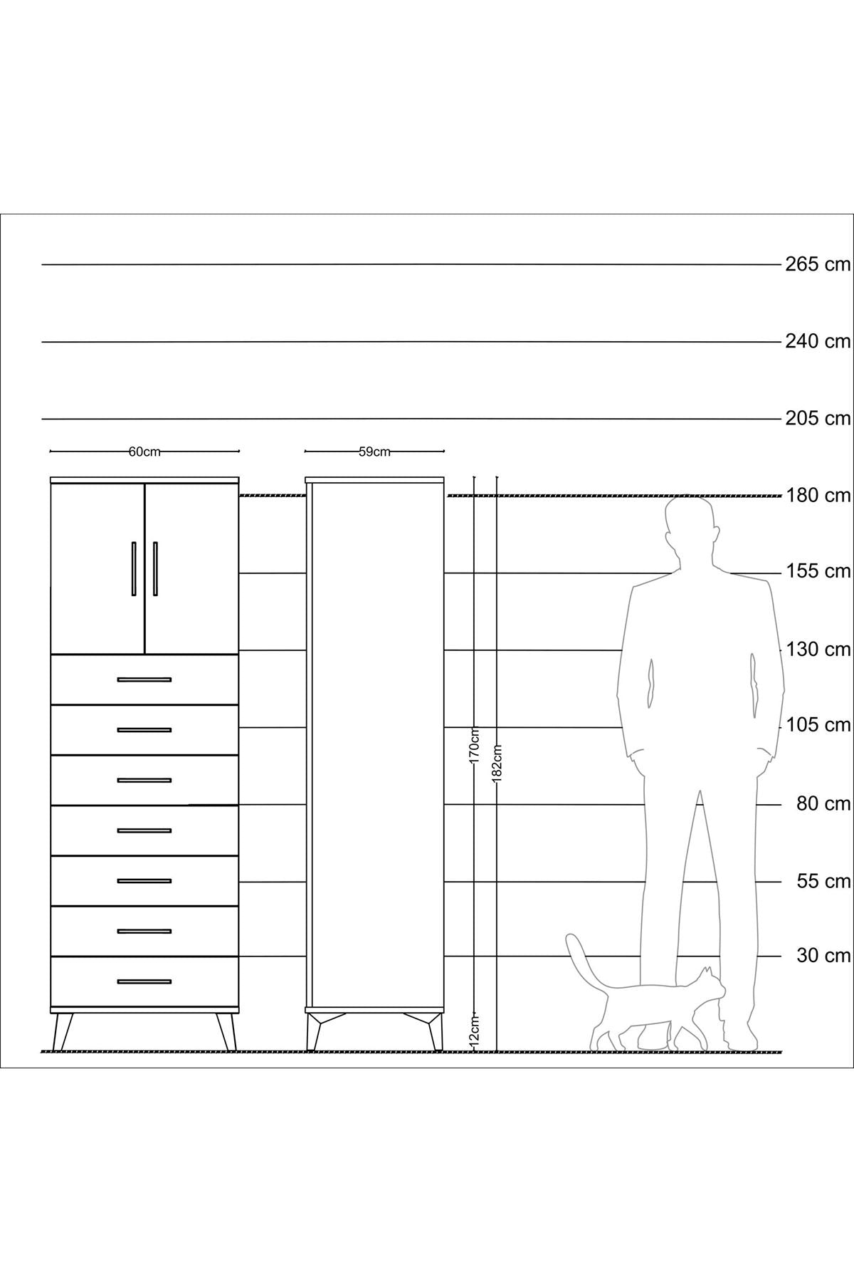 Kronos Dolap Tek Raflı 7 Çekmeceli 2 Kapaklı 60x59x182 Çam-Çam