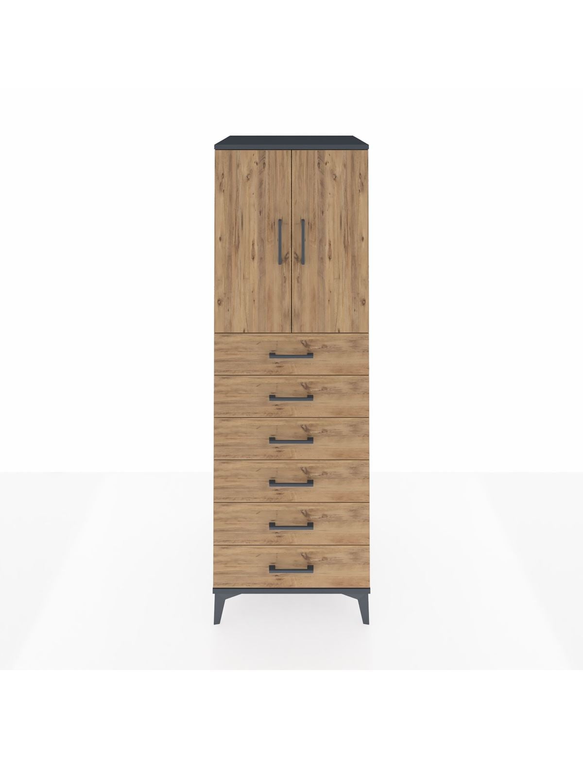 Kronos Dolap Tek Raflı 6 Çekmeceli 2 Kapaklı 60x59x182 Antrasit-Çam