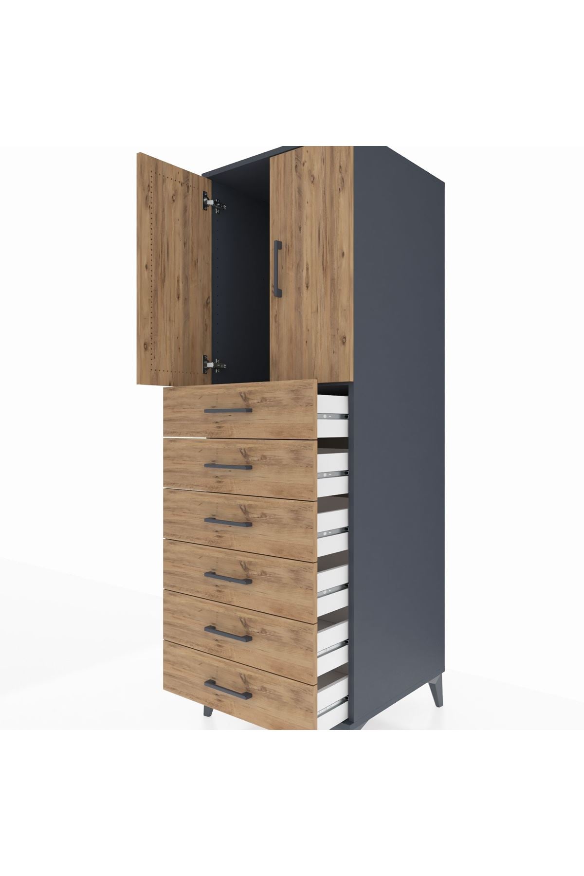 Kronos Dolap Tek Raflı 6 Çekmeceli 2 Kapaklı 60x59x182 Antrasit-Çam