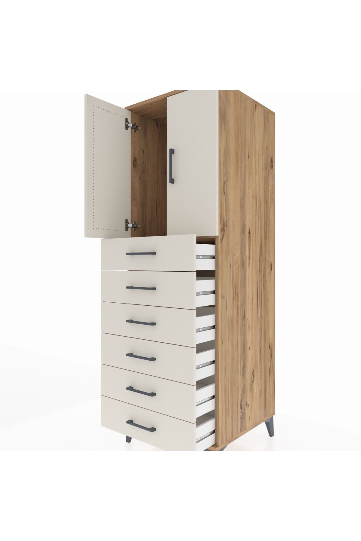 Kronos Dolap Tek Raflı 6 Çekmeceli 2 Kapaklı 60x59x182 Çam-Aytaşı