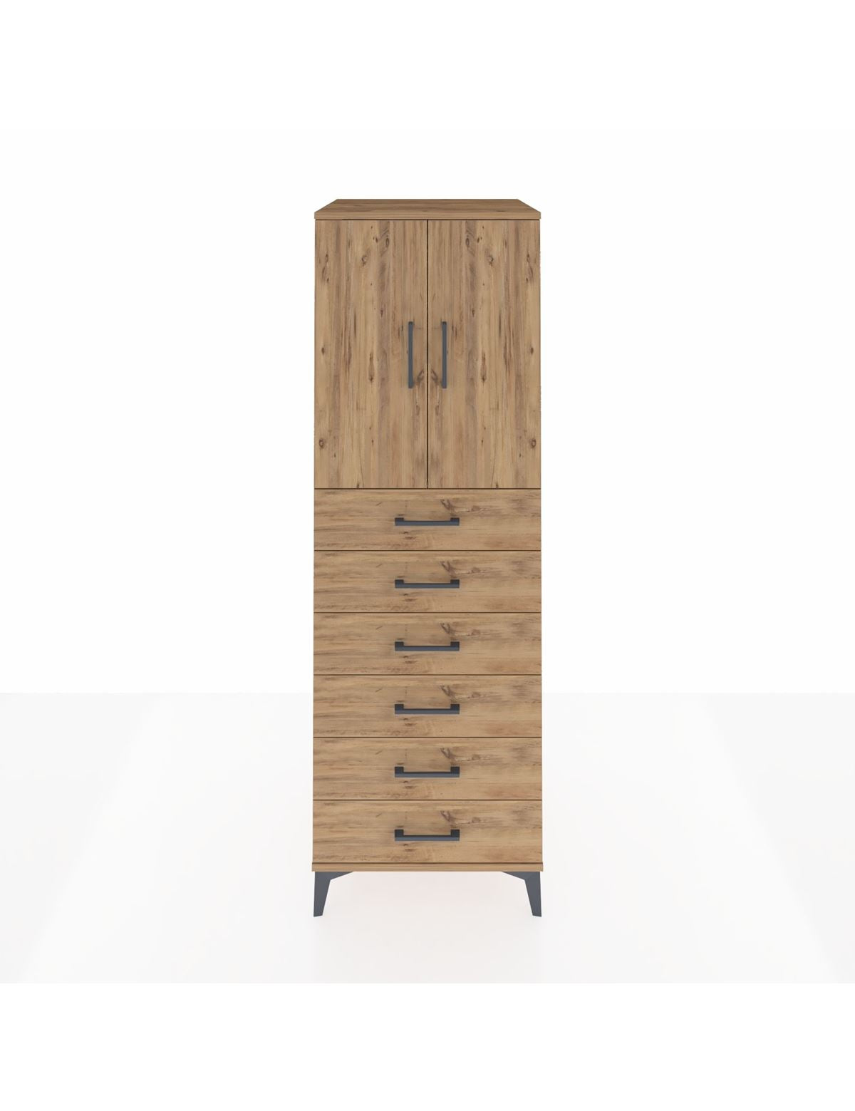 Kronos Dolap Tek Raflı 6 Çekmeceli 2 Kapaklı 60x59x182 Çam-Çam