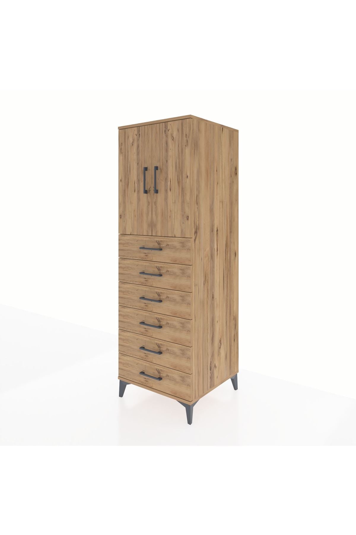 Kronos Dolap Tek Raflı 6 Çekmeceli 2 Kapaklı 60x59x182 Çam-Çam