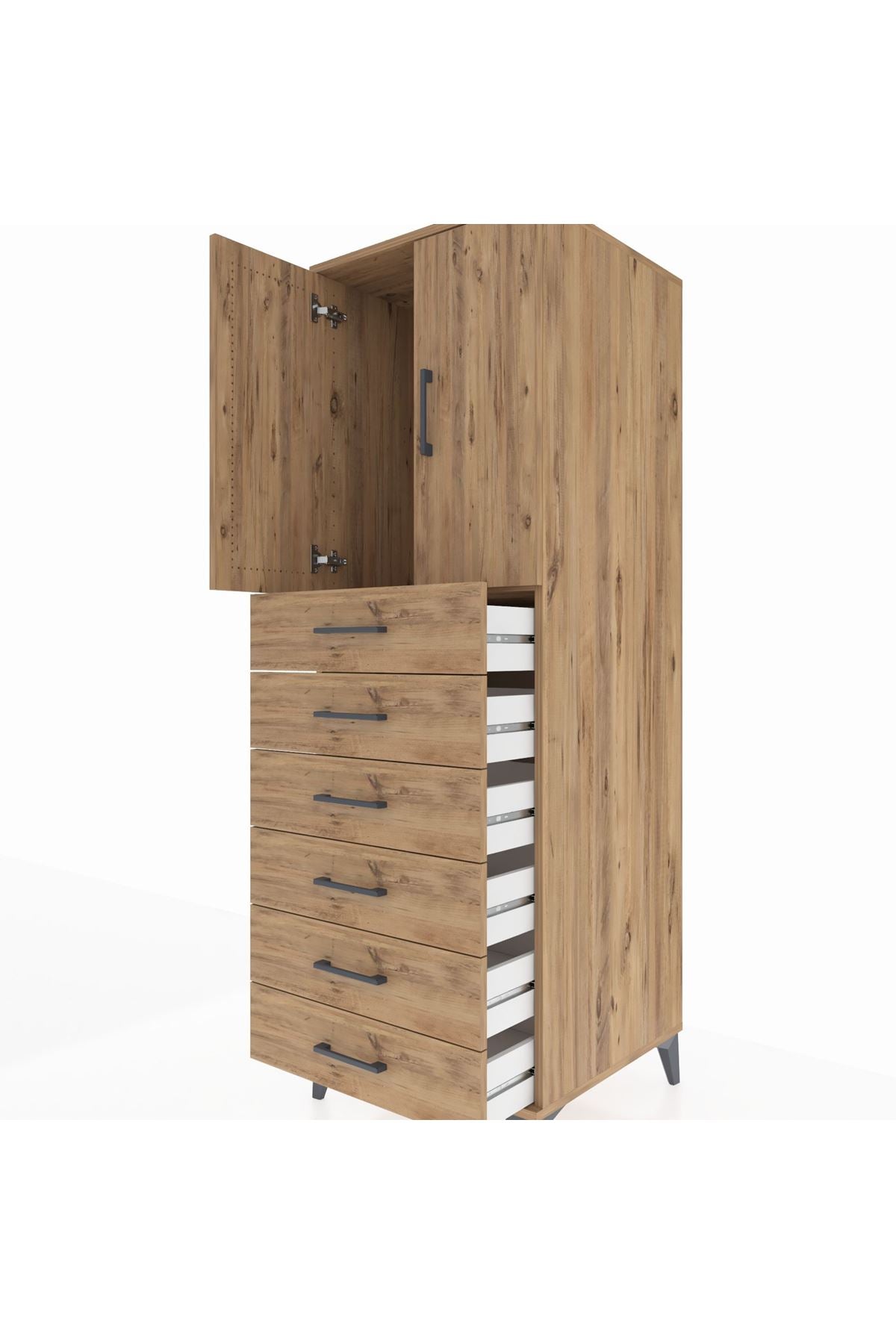 Kronos Dolap Tek Raflı 6 Çekmeceli 2 Kapaklı 60x59x182 Çam-Çam