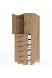 Kronos Dolap Tek Raflı 6 Çekmeceli 2 Kapaklı 60x59x182 Çam-Çam