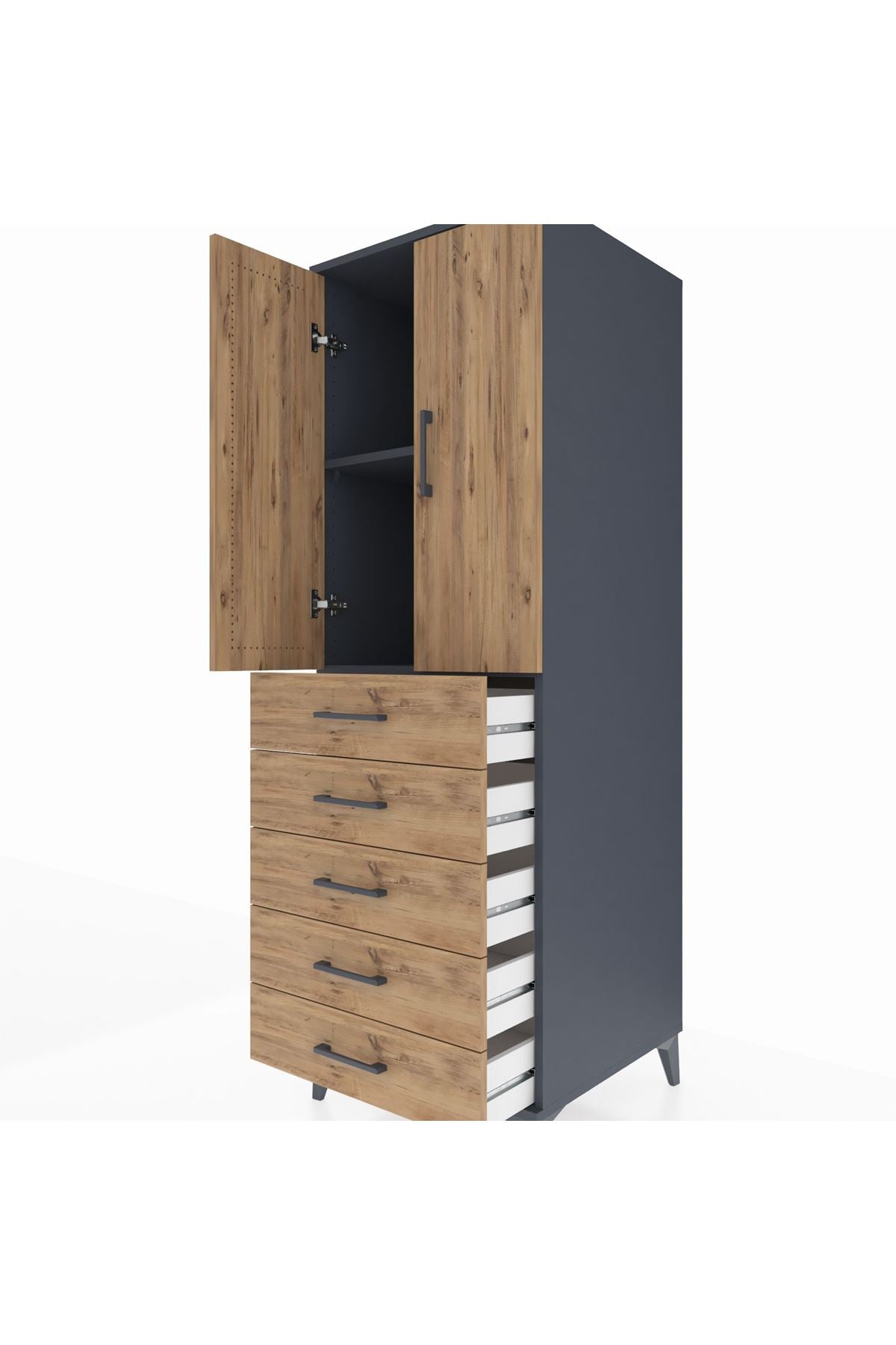 Kronos Dolap 2 Raflı 5 Çekmeceli 2 Kapaklı 60x59x182 Antrasit-Çam