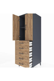 Kronos Dolap 2 Raflı 5 Çekmeceli 2 Kapaklı 60x59x182 Antrasit-Çam