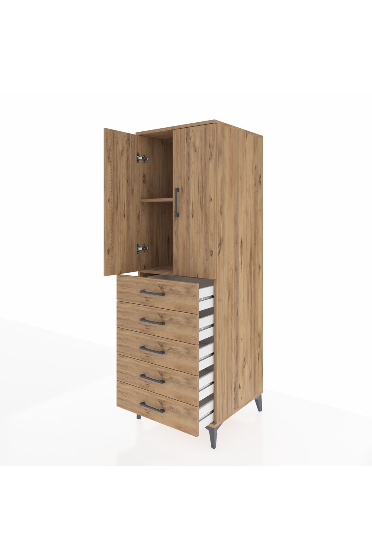 Kronos Dolap 2 Raflı 5 Çekmeceli 2 Kapaklı 60x59x182 Çam-Çam