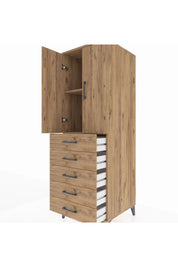 Kronos Dolap 2 Raflı 5 Çekmeceli 2 Kapaklı 60x59x182 Çam-Çam