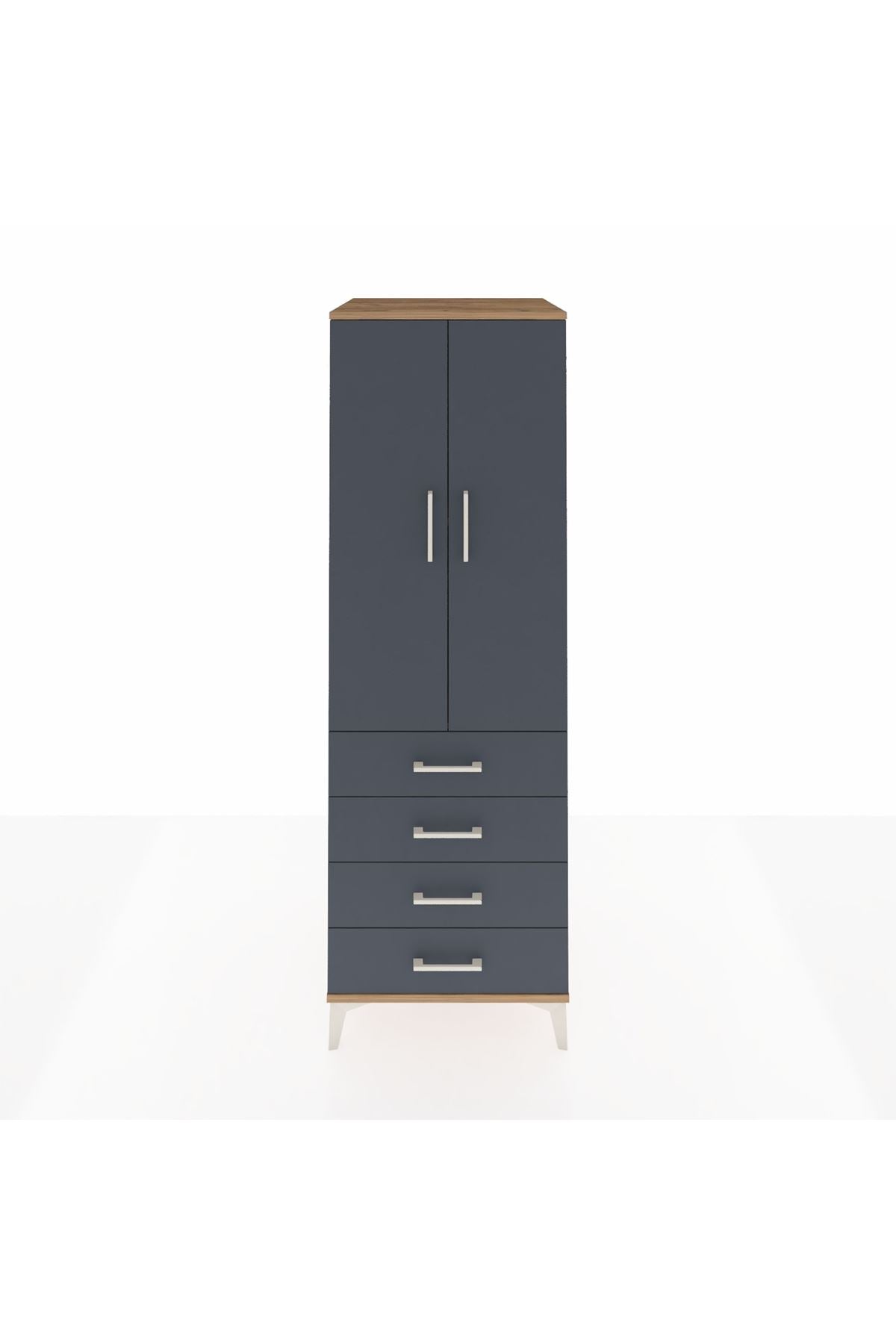 Kronos Dolap 2 Raflı 4 Çekmeceli 2 Kapaklı 60x59x182 Çam-Antrasit