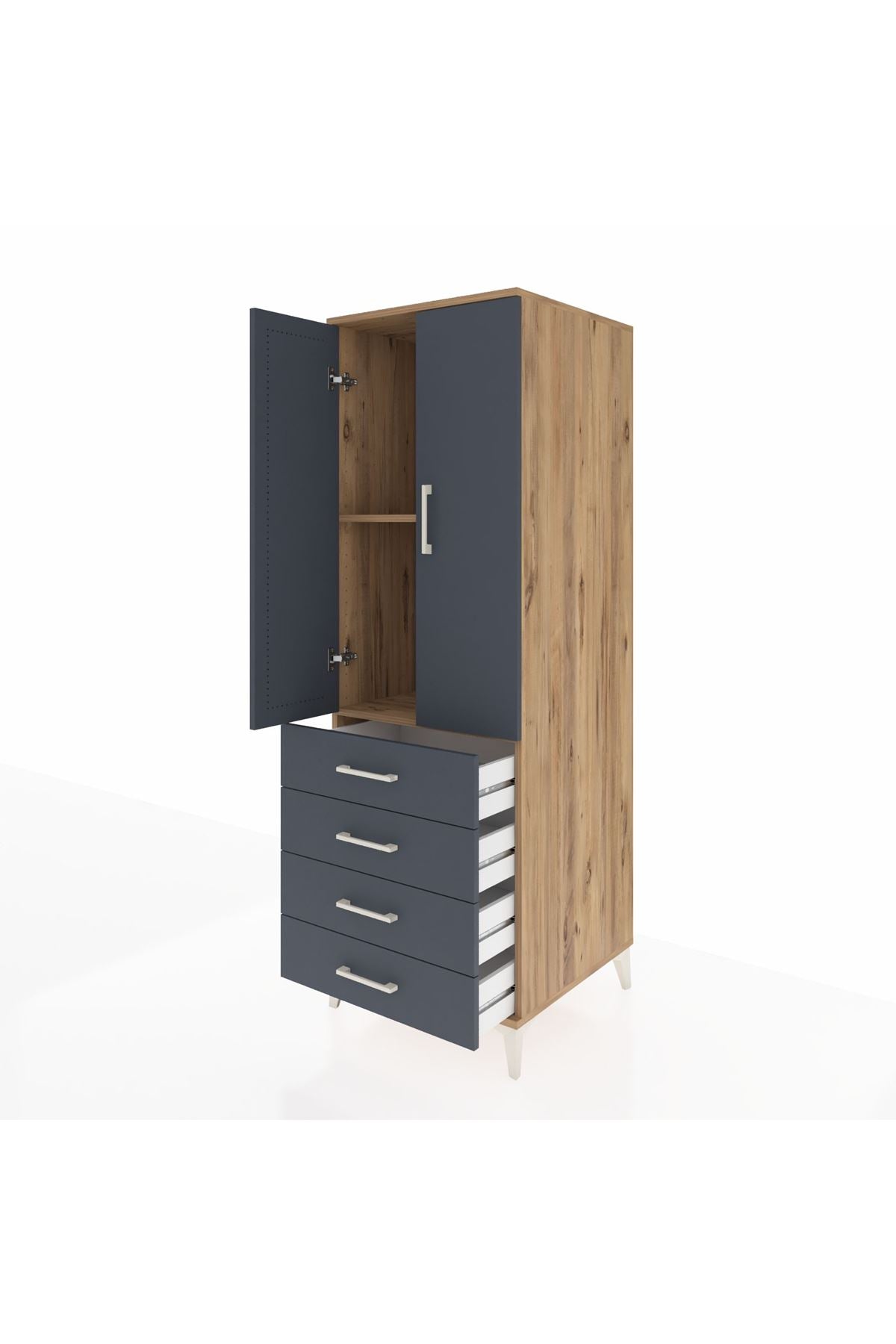 Kronos Dolap 2 Raflı 4 Çekmeceli 2 Kapaklı 60x59x182 Çam-Antrasit