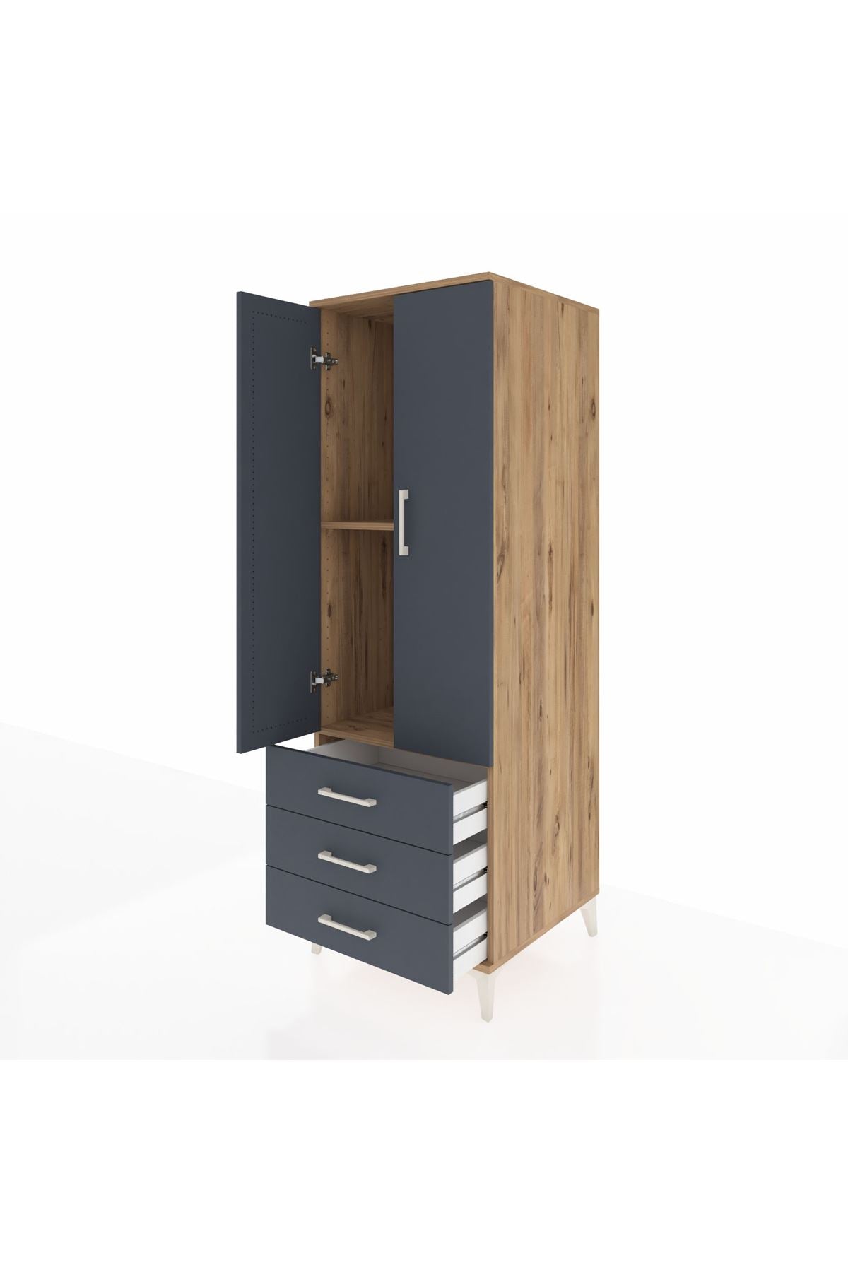 Kronos Dolap 2 Raflı 3 Çekmeceli 2 Kapaklı 60x59x182 Çam-Antrasit